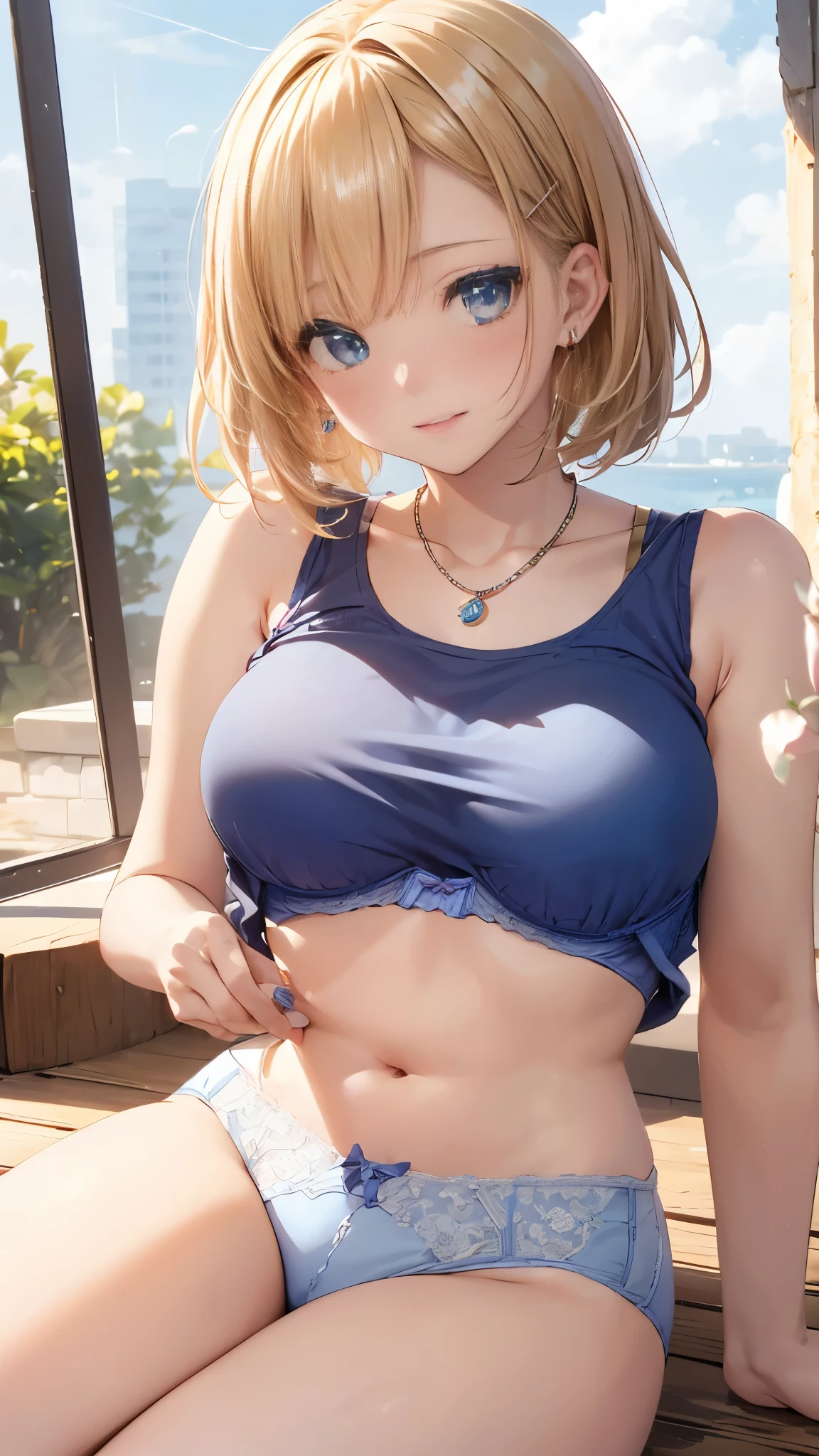 melody mark,absurd, super detailed,bright colors,look straight,(Sleeveless Lift:1.6),(fashionable bra:1.5) ,short hair, , asymmetrical bangs, short twintail blonde hair, shiny hair, delicate and beautiful features, blush、(deep blue eyes:1.3), white skin, Barrette, earrings, necklace, brown clothes, beautiful clouds, dusk sky,flower garden,wink,