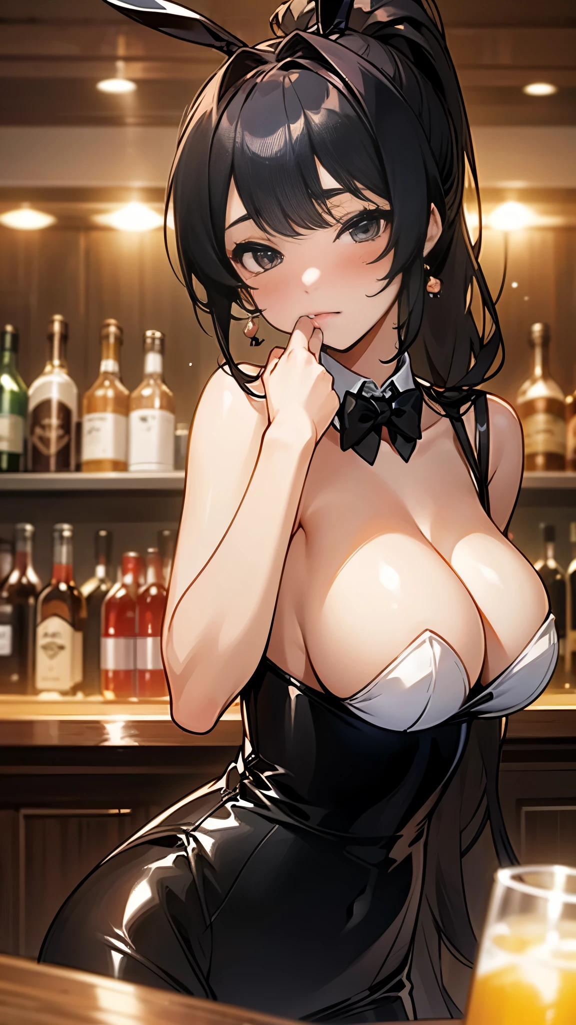 1 girl, game CG, ((reverse bunny)),((reverse bunny)),Rabbit ear hair ornament, huge breasts, Black shiny hair, long hair, ponytail, ,Princess hairstyle, black eye, ((Inside the bar)), throw,blush