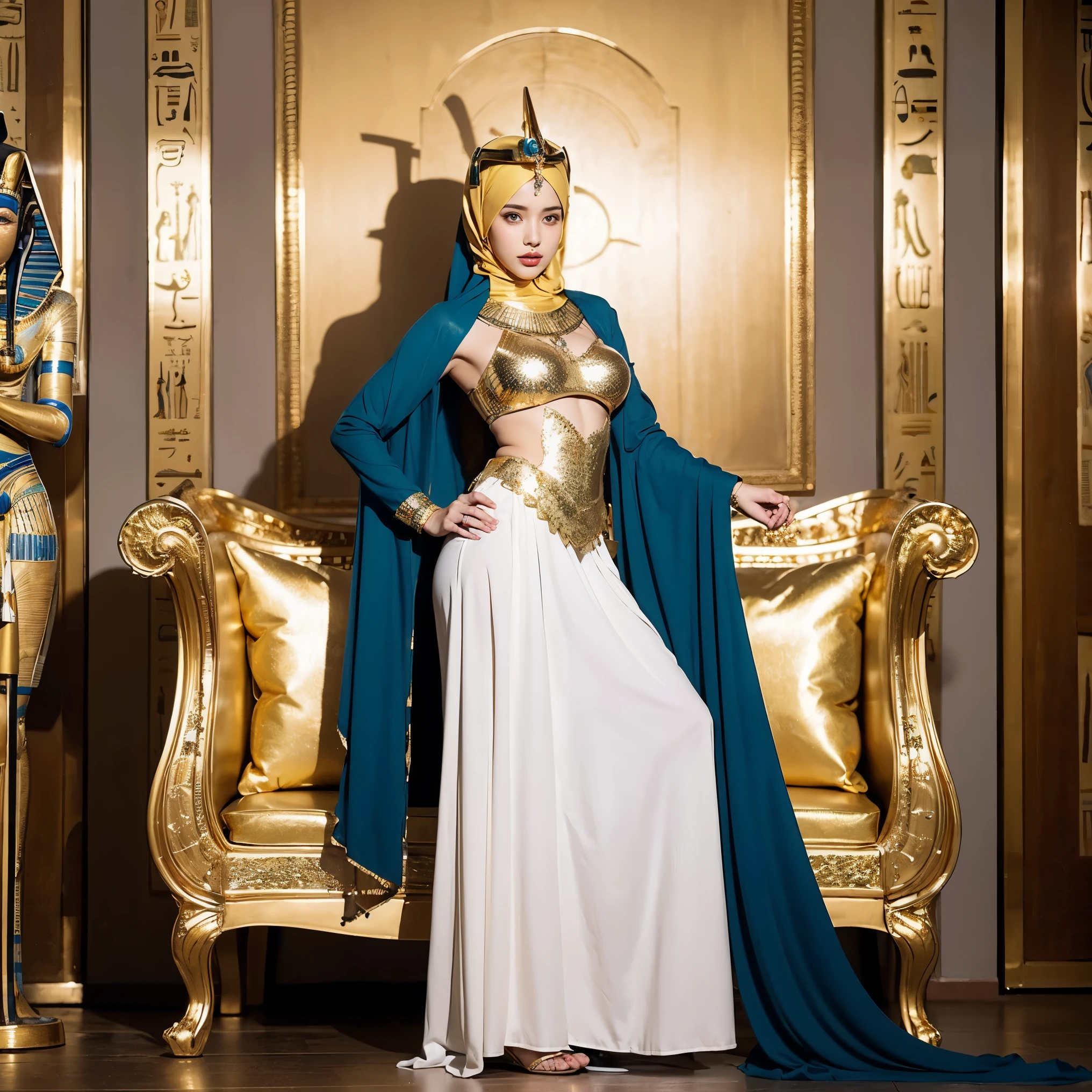 full body shot, photograph of, a 20 year old woman dressed as an sexy ancient Egyptian goddess standing beside an ornate golden throne, ancient queen Egyptian costume, Egyptian queen headpiece, (Egyptian queen Nemes:1.5), (wearing Egyptian gold hijab:1.5), wearing natural light, 8k, realistic, NSFW, big breast,