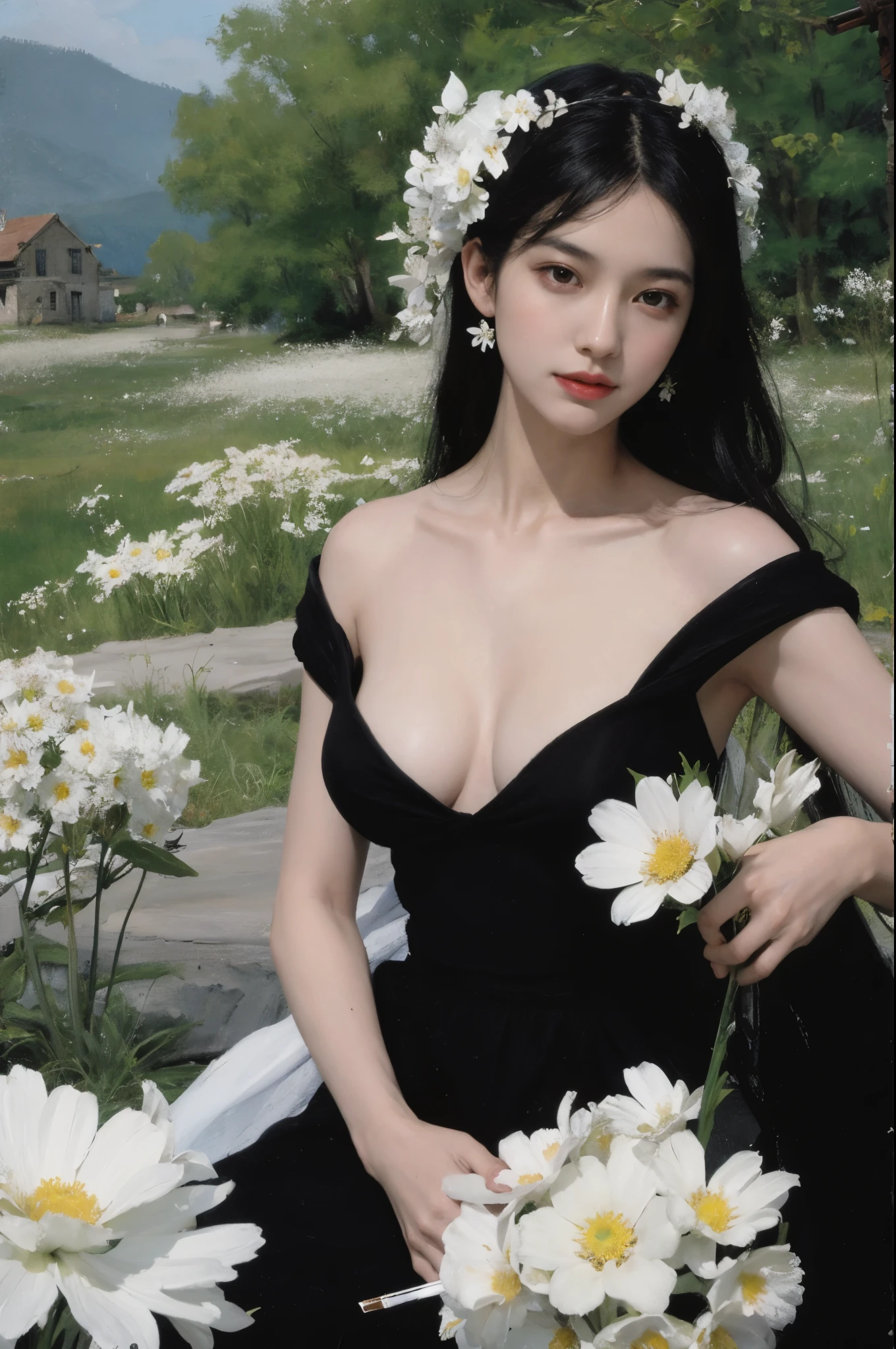 (painting:1.5), \\ One with black hair、Woman with white flowers in her hair lies in a field of white flowers, (Amy Saul:0.248), (Liu Stanley:0.106), (a detailed painting:0.353), (gothic art:0.106)