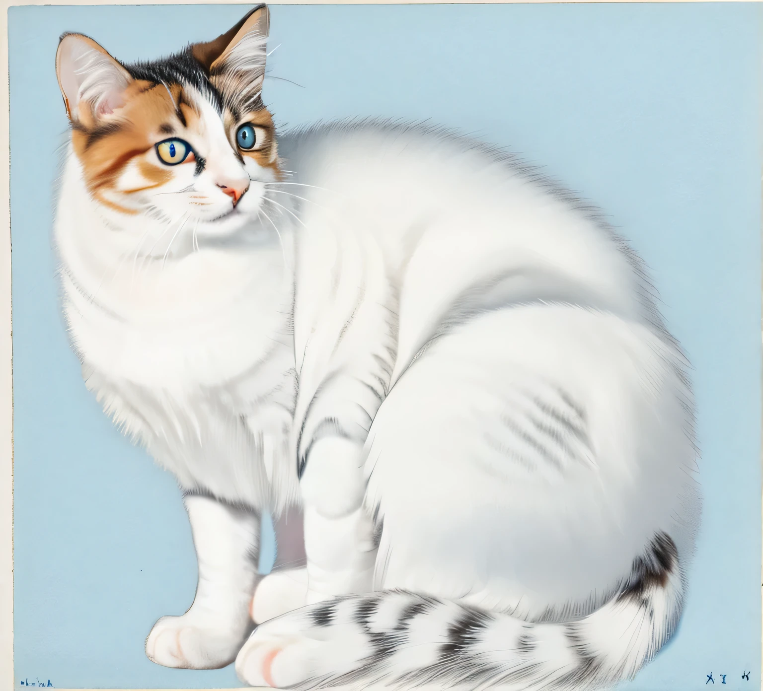 Hand drawn illustrations by Charles Kinner,Turkish Van cat;white,Eyes light blue;Very beautiful exterior;The head is broadly wedge-shaped;