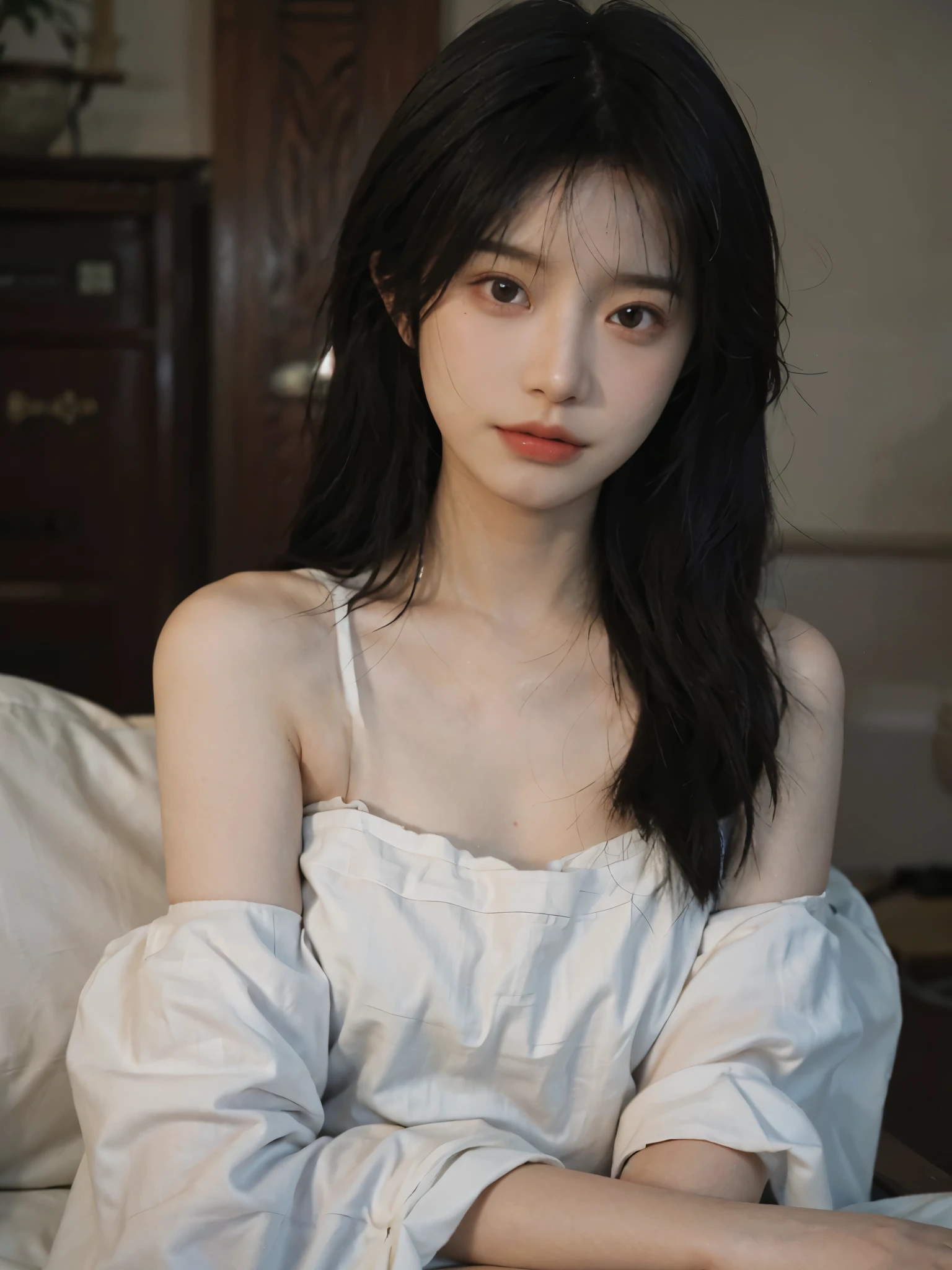 Film portrait photography, 1 girl, bare shoulders, Shoulder length wavy hair, serene, calm, (Realistic and detailed eyes, natural skin texture, Realistic facial details), Soft dramatic lighting, depth of field, Bokeh, Vibrant details, Detailed and detailed, surreal, 35mm film, hazy, ,