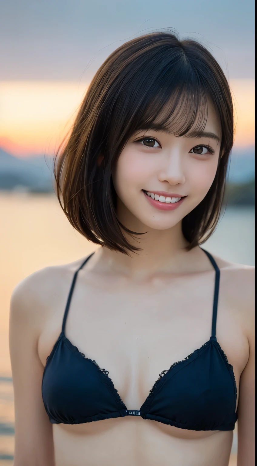 8K, (Surrealistic: 1.35), (realistic: 1.4), 1 beautiful korean girl, smile, One, light makeup, masterpiece, excellent quality, high quality, One, No panties, No bra, Latin, puberty, (((super micro bikini)))、 ((perfect body)), ((best image quality)), ((time)), ((very delicate and beautiful)), ((Very shallow depth of field)), nffsw, ((incredibly shallow depth of field. familiar with)), (((very delicate and beautiful))), (((Very shallow depth of field))), nffsw, (((incredibly absurd))), (((perfect body))), (((black hair ))))), (((long hair)))), (((Camera Eye))), (((small))), (((幸せな最高のsmile))), poor, Own + background, dynamic angle, female focus, {particles of light}, detailed background, ((paul hedley)), soft lighting, (dramatic) sunset), sunset, very beautiful sunset, live action, realistic, top angle, かわいいsmile, (background blur), 18-year-old, skinny, ((Wind)), ((movement ))), ((emotion)), ((colorful)), (()), ((beautiful teeth)), Withering, ocean background、(((You can see tiny Mt. Fuji on the other side of the sea.)))、(((bob cut)))