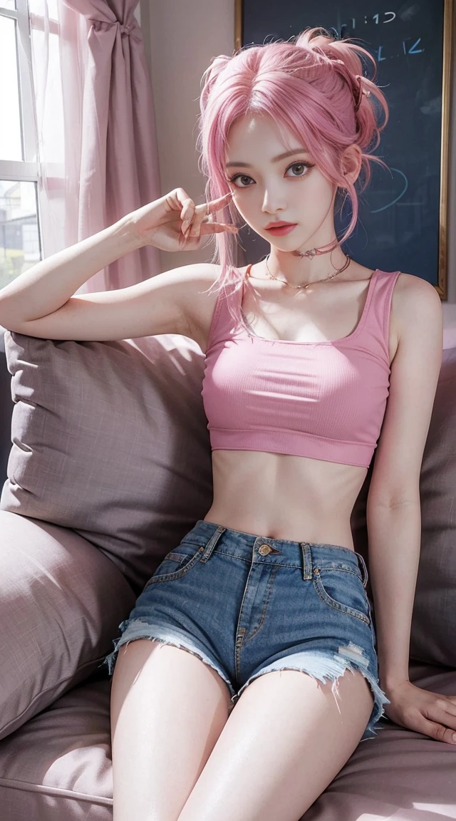 (masterpiece, highest quality), 1 girl, pink hair, crop top, denim shorts, Bedroom, striped thighs,
