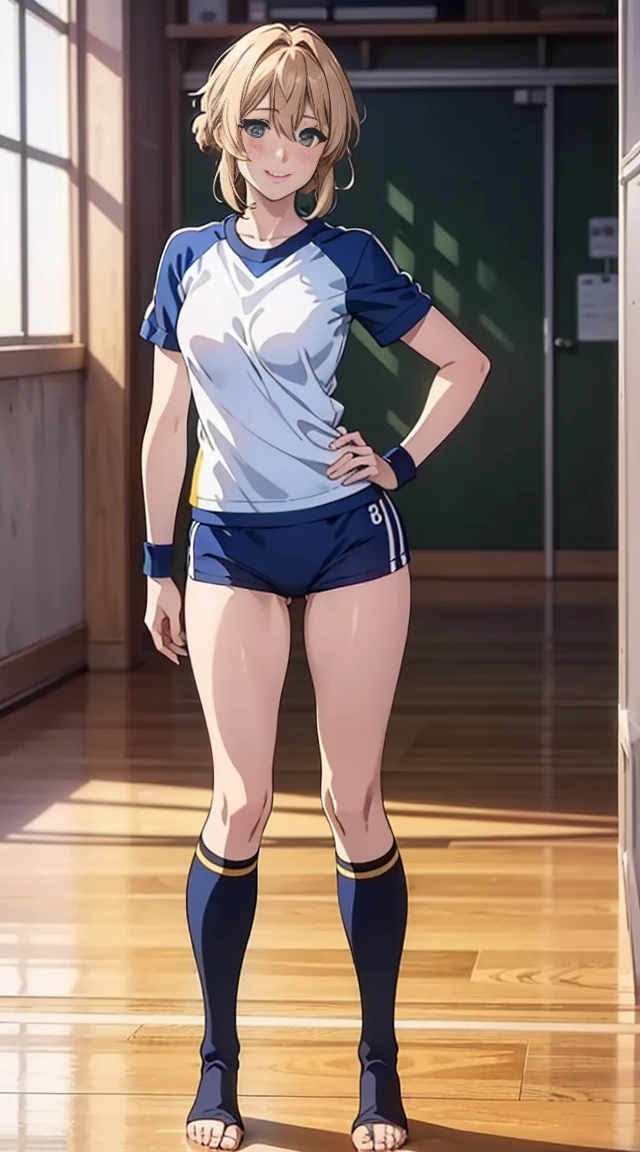 ((table top, highest quality, High resolution, nffsw, perfect pixel, 4K, nffsw, nffsw))),1 girl, violet evergarden,table top, highest quality, blonde hair, blue eyes, hair between eyes, looking at the viewer, full body shot、ribbon、 ((gentle smile, blush:1.2)), ((smooth texture:0.75, realistic texture:0.65, realistic:1.1, Anime CG style)), medium breasts, ((full body shot))、 slender body, (White short-sleeved gym clothes with navy blue cuffs)、((Navy high-leg bloomers))、(volleyball uniform)、((barefoot))、dark blue socks、((sports boots))、big smile、school building、ground、schoolyard、Looking back from the back、Butt sticking out