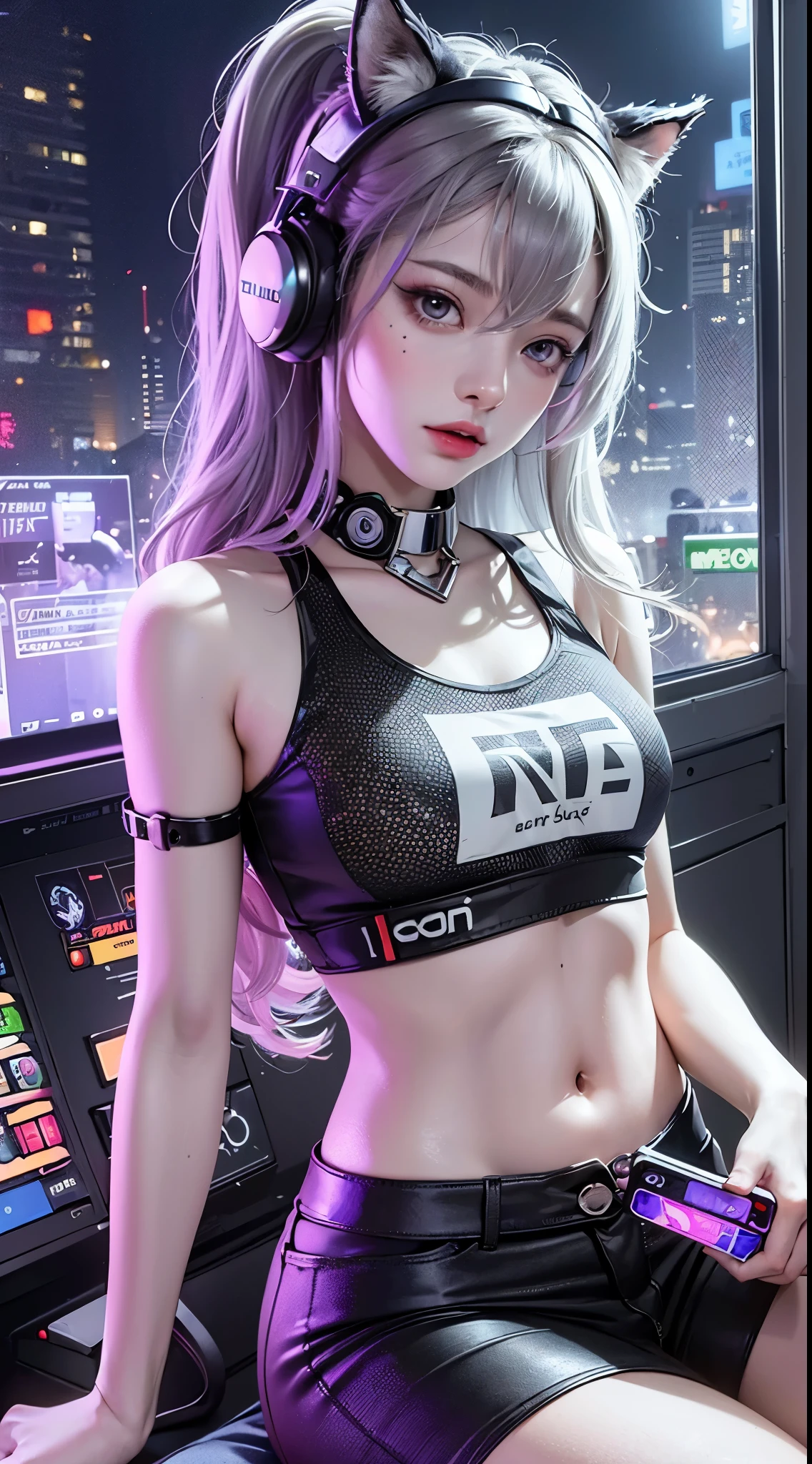 (((((7 avatar shot)))), Silver Wolf, Masterpiece, Best Quality, Ultra Detailed, Extremely Detailed 16k CG Wallpaper, Beautiful Face, (Silver Wolf in Esports Room), (Perfect Beautiful Curved Figure), Seated, Rainbow Color Jewel Eyes, Wearing Resin Hologram Sports Bra, Crop Top Drape, Mini Pleated Skirt, Bell Collar, Logo, Impotence, Contour Light, Concert, Neon Sign, Audio, Bell Collar, Esports Headset, Computer, Esports Room, Play Games, White Interior Through Red Skin, holographic projection, flat sphere, graffiti logo, highly detailed tattoo_,
Authoring information