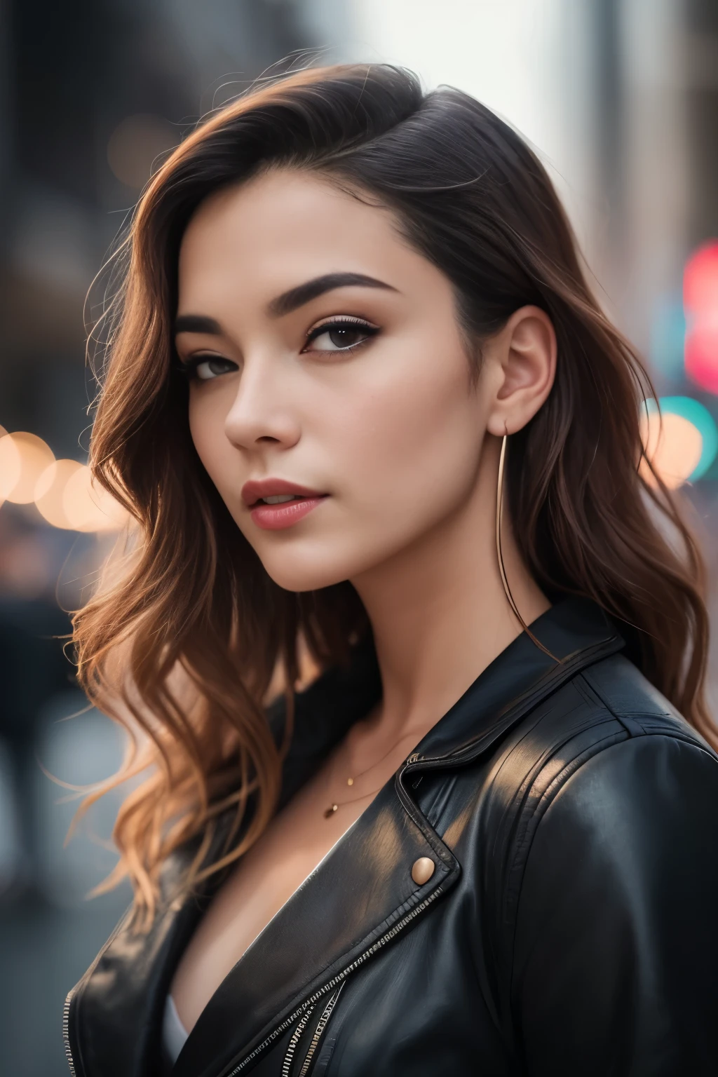 Full face portrait photo of a 25-year-old European girl, RAW, beautiful woman, semi-open strawberry lips, dimples, wistful look, (extra long wavy brown hair), ((detailed face)), ((detailed facial features)), (finely detailed skin), pale skin, (deep neckline detailed high-tech cyberpunk dress), cyberpunk megacity environment, (cool colors), damp, damp, reflections, (masterpiece) (perfect proportion)(realistic photo)(best quality) (detailed) shot on a Canon EOS R5, 50mm lens, F/2.8, HDR, (8k) (wallpaper) (cinematic lighting) (dramatic lighting) (sharp focus) (intricate),RAW photo, gigachad photo, posing for camera, 8k uhd, dslr, high quality, grain film, Fujifilm XT3