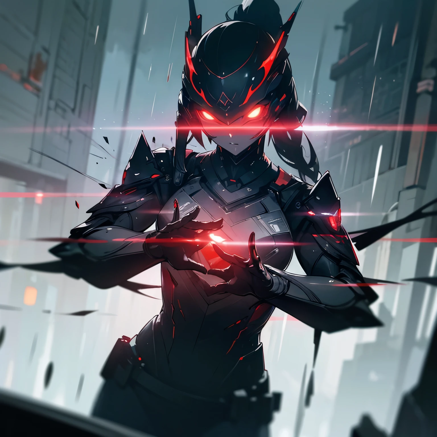 1 japanese girl, WARFRAME, intricate pattern, heavy metal, energy lines, faceless, glowing eyes, elegant, intense, blood red and black uniform, solo, modern, city, streets, dark clouds, thunderstorm, heavy rain,, dramatic lighting,, (masterpiece:1.2), best quality, high resolution,   beautiful detailed, extremely detailed, perfect lighting,