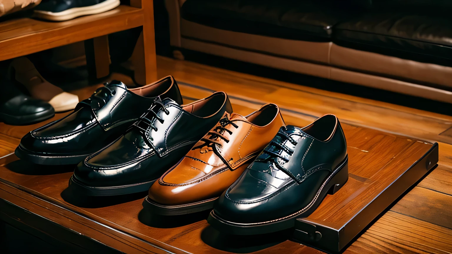 Clothes shop，There are leather shoes on the table，cool color，A sense of luxury，depth，nobody