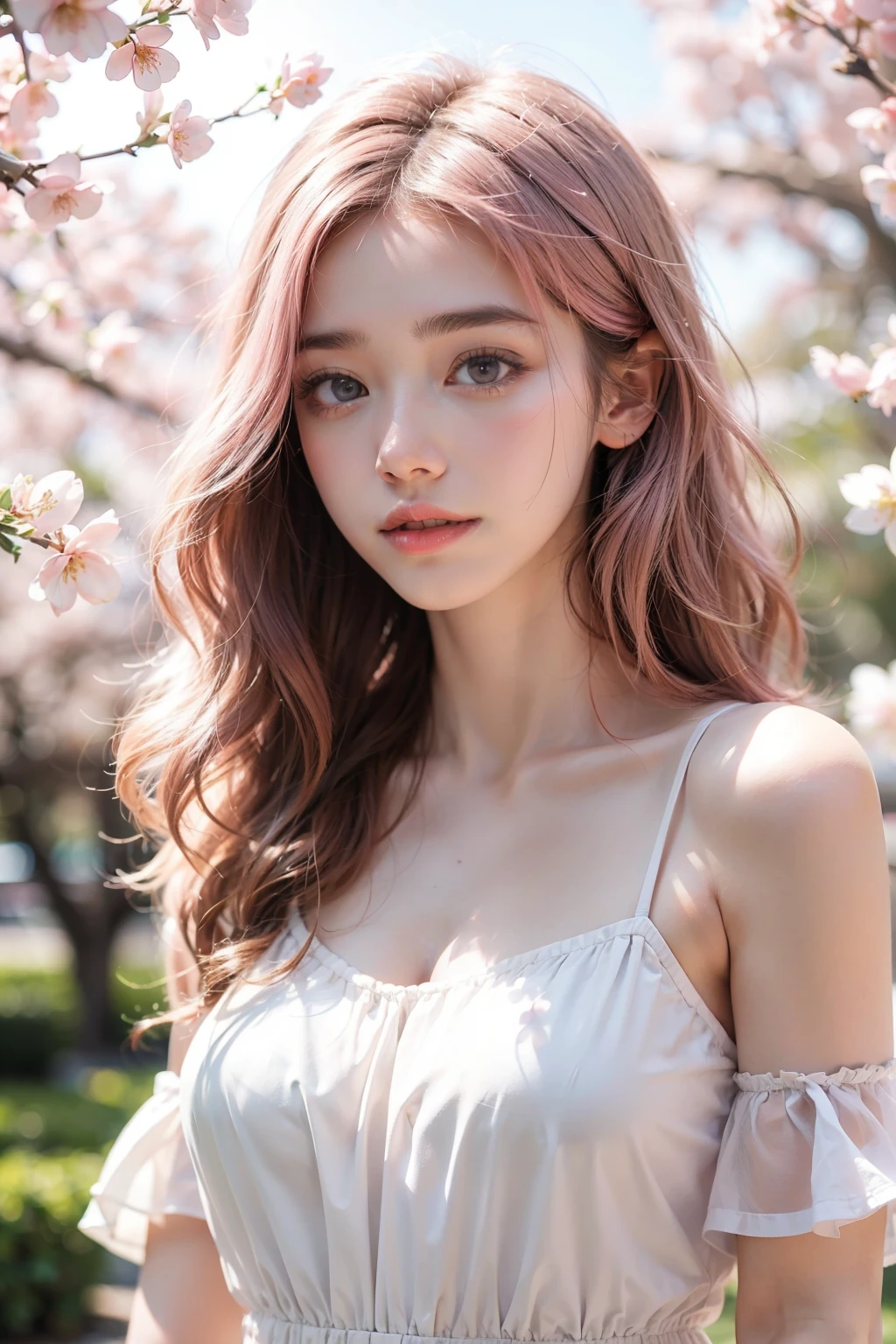 light pink hair, pink eyes, pink and white, cherry blossom leaves, Bright colors, white dress, paint splashes, simple background, ray tracing, wavy hair