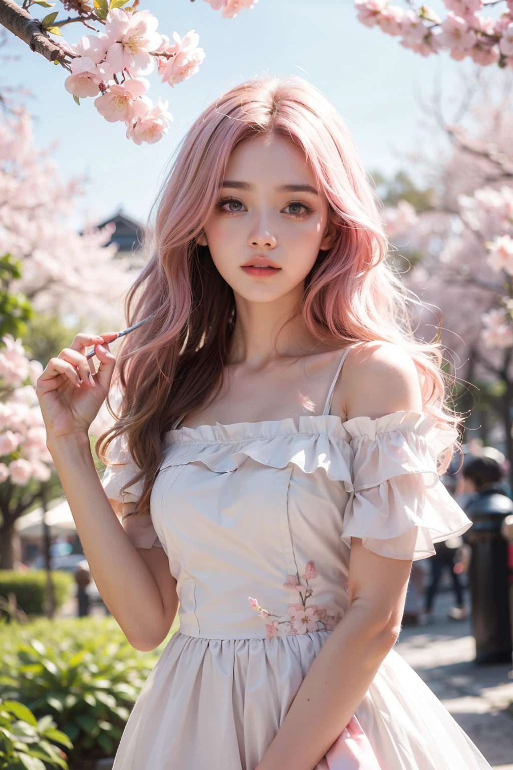 light pink hair, pink eyes, pink and white, cherry blossom leaves, Bright colors, white dress, paint splashes, simple background, ray tracing, wavy hair