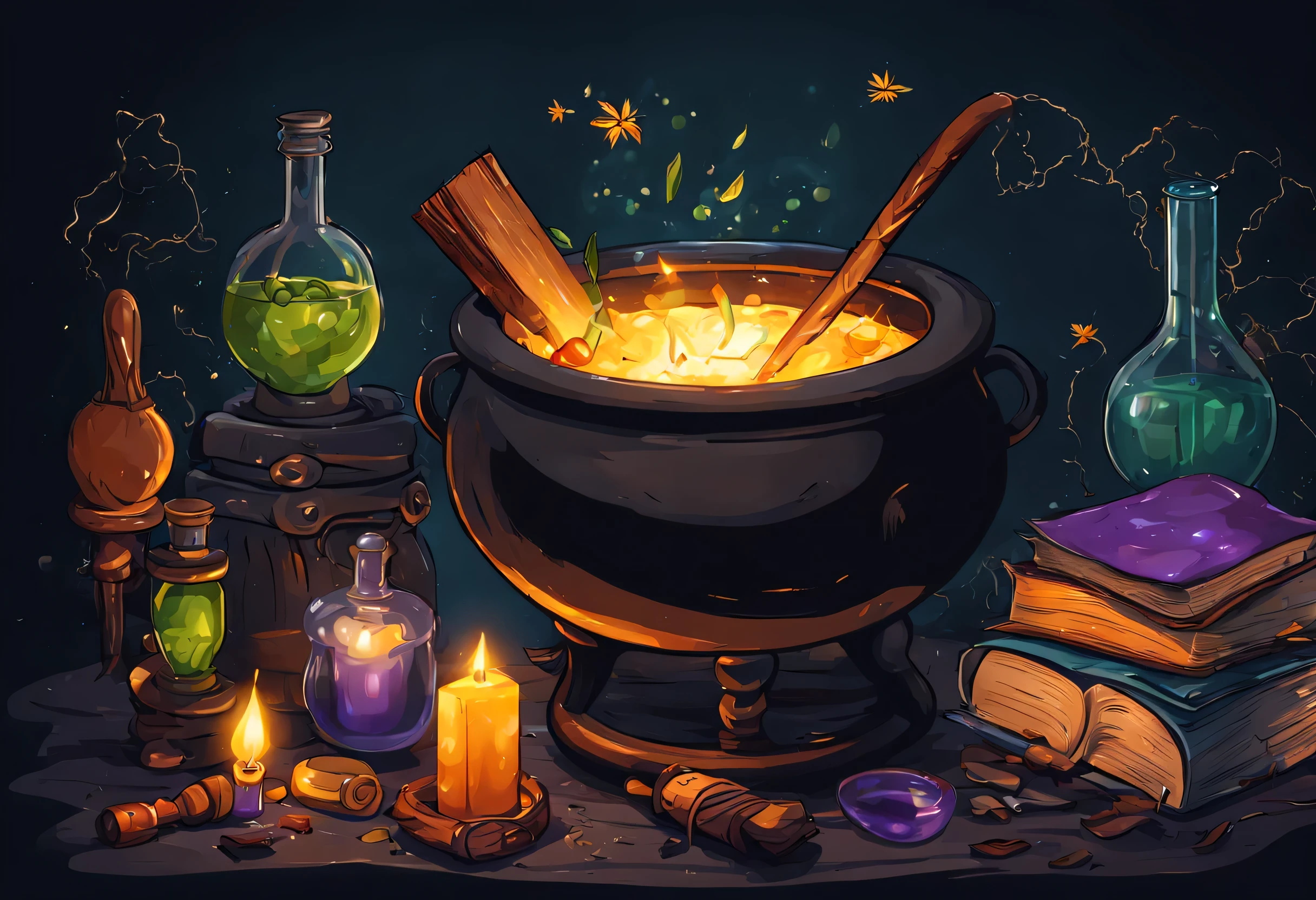 Illustration of witch&#39;cauldron，Various magic books and potion bottles，Dark magic、Learn magic，debugging、充满Dark magic的氛围，dark background