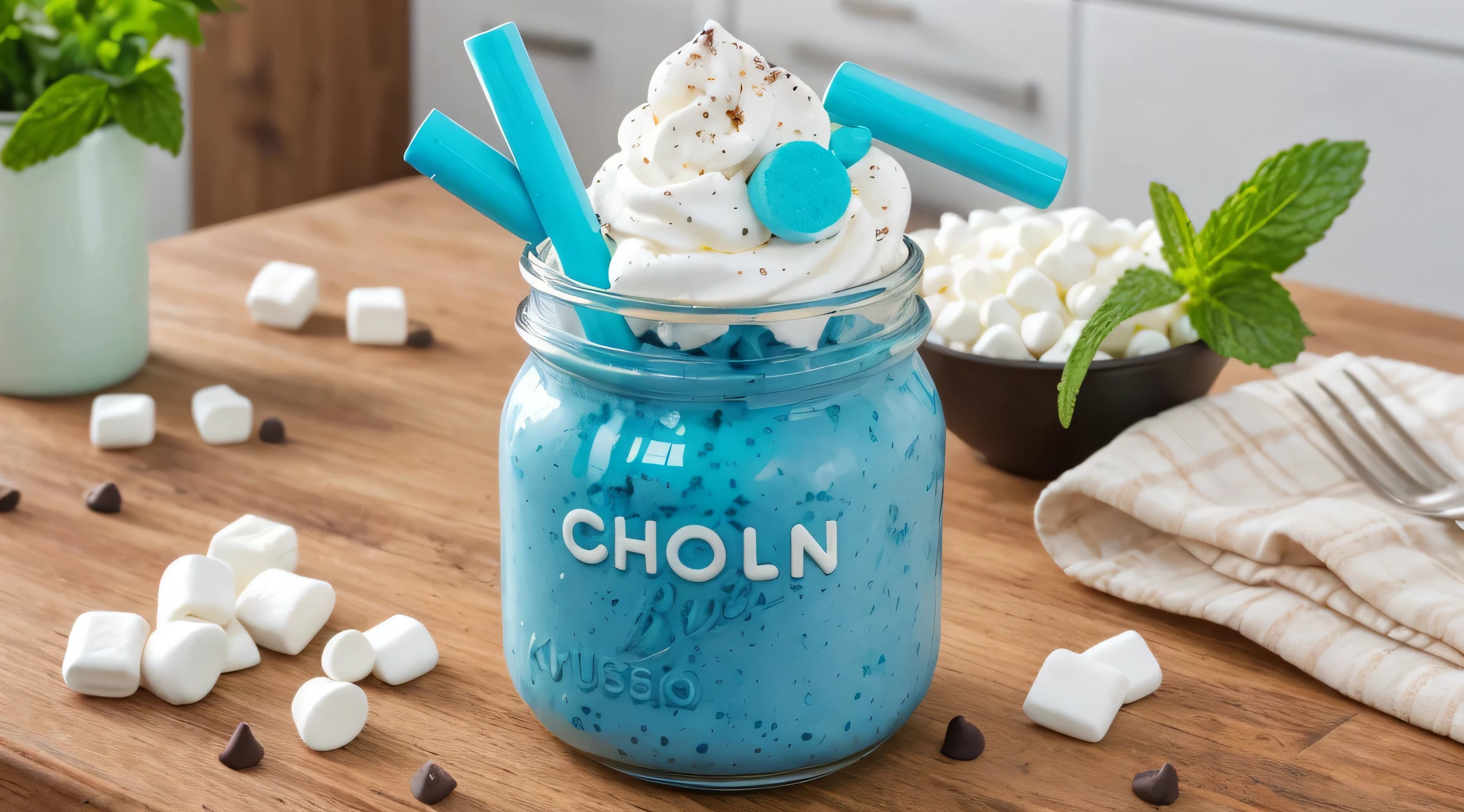 A blue Oreo milkshake sits on a wooden countertop in the kitchen..., milkshake can, cream with chocolate chips on top, blue tube, blue chocolate bars, a small marshmallow lies nearby, fingers holding mint leaves ,realistic texture, realistic style, detailed texture, macro photography, ultra 4k hd, Food Photography, гиперrealistic style