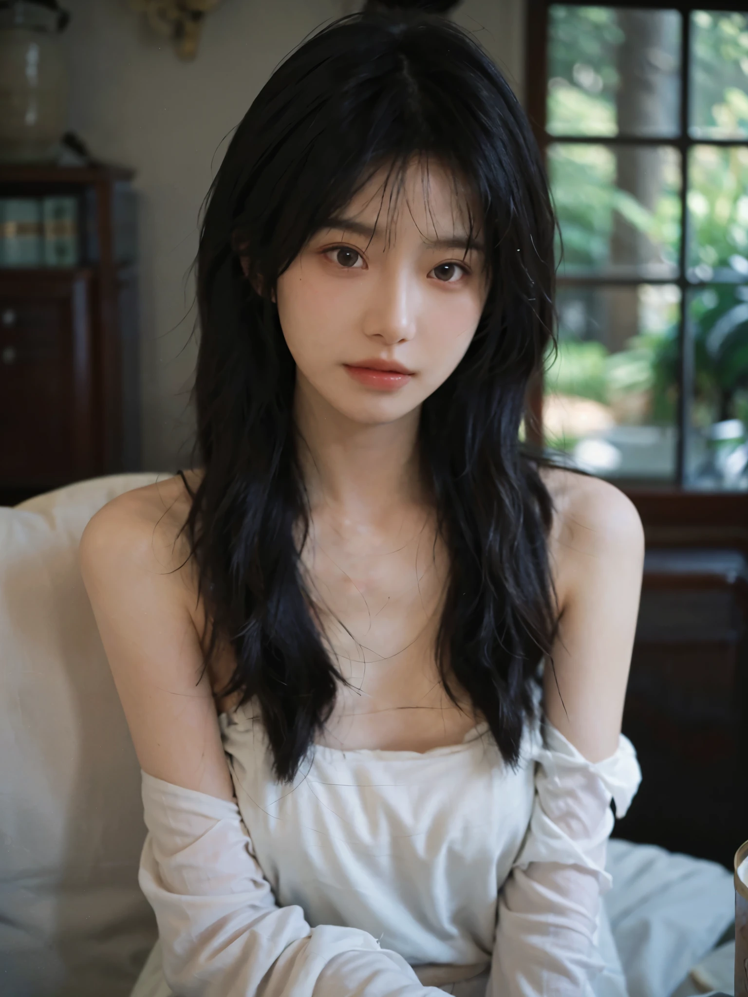 Film portrait photography, 1 girl, bare shoulders, Shoulder length wavy hair, serene, calm, (Realistic and detailed eyes, natural skin texture, Realistic facial details), Soft dramatic lighting, depth of field, Bokeh, Vibrant details, Detailed and detailed, surreal, 35mm film, hazy, ,