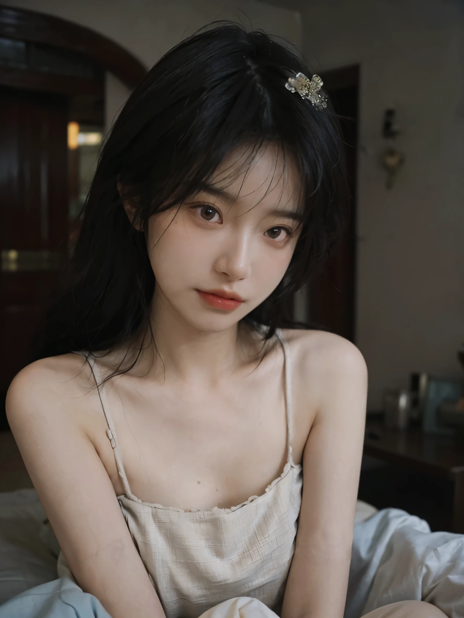 Film portrait photography, 1 girl, bare shoulders, Shoulder length wavy hair, serene, calm, (Realistic and detailed eyes, natural skin texture, Realistic facial details), Soft dramatic lighting, depth of field, Bokeh, Vibrant details, Detailed and detailed, surreal, 35mm film, hazy, ,