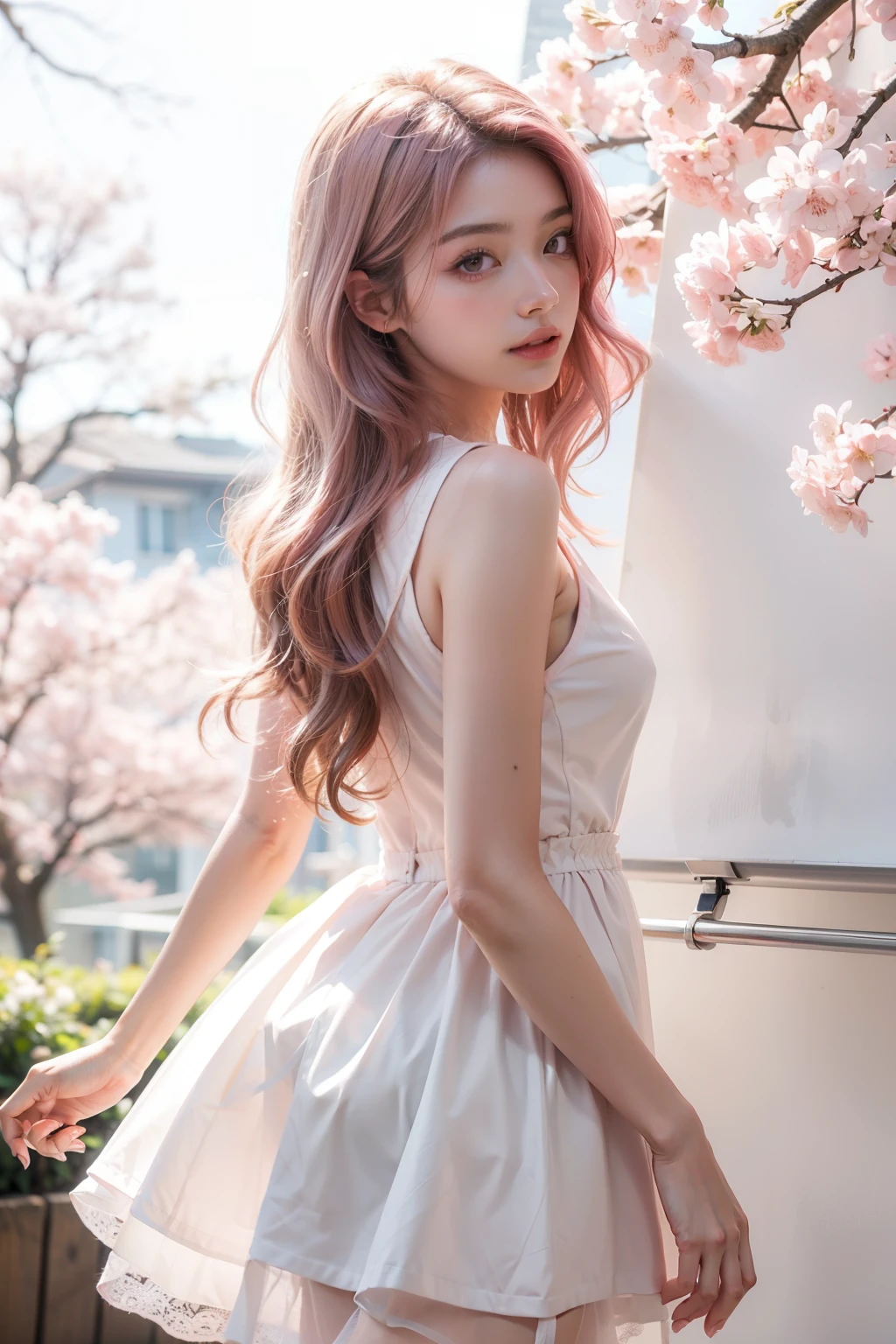 light pink hair, pink eyes, pink and white, cherry blossom leaves, Bright colors, white dress, paint splashes, simple background, ray tracing, wavy hair