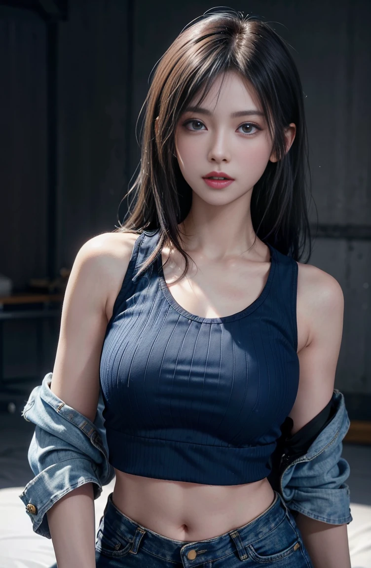 master piece,8K,Highly detailed perfect face,HDR,Ultra-realistic photography,absurd,award winning photos,very detailed,amazing,finely,
KazAsuka,A woman who says,blue crop top top,,Denim jacket and shorts,with short black hair,mixed combat gloves,posed for photo,Simply white background