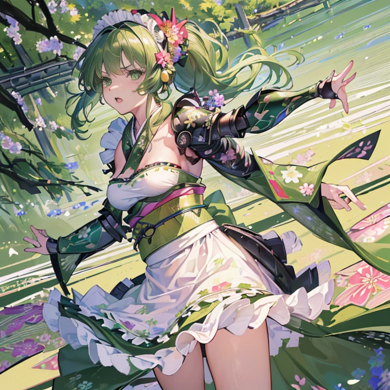 best quality, (extremely detailed: 1.5), masterpiece, ultra high res,(photo realistic:1.4), 1 girl, cowboy shot, (wearing battle armor:1.6), (floral partterned green kimono:1.6), (maid:1.6), green maid micro skirt, holding a Large sword, laugh, Emerald green hair, (ponytail:1.2), curly hair, (big eyes:1.1), (raw feet:1.3), wind, dynamic angle, dynamic pose