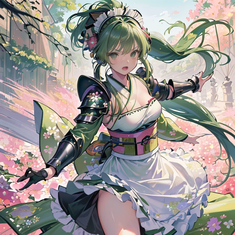 best quality, (extremely detailed: 1.5), masterpiece, ultra high res,(photo realistic:1.4), 1 girl, cowboy shot, (wearing battle armor:1.6), (floral partterned green kimono:1.6), (maid:1.6), green maid micro skirt, holding a Large sword, laugh, Emerald green hair, (ponytail:1.2), curly hair, (big eyes:1.1), (raw feet:1.3), wind, dynamic angle, dynamic pose