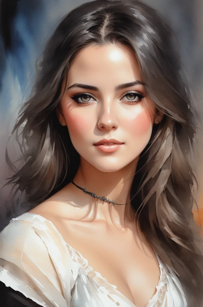 Girl portrait, a painting of a woman Pencil Sketches by Albert Eckhout enchanting, fullcolor, sticker of a full body picture of a beautyfull woman, highly detailed beautyfull face, freedom, soul, digital illustration, approaching perfection, dynamic, highly detailed, watercolor painting, artstation, concept art, smooth, sharp focus, illustration in the style of artists watercolors, oil paints, black background, Andrey Atroshenko, Darek Zabrocki, and Jean-Baptiste Monge