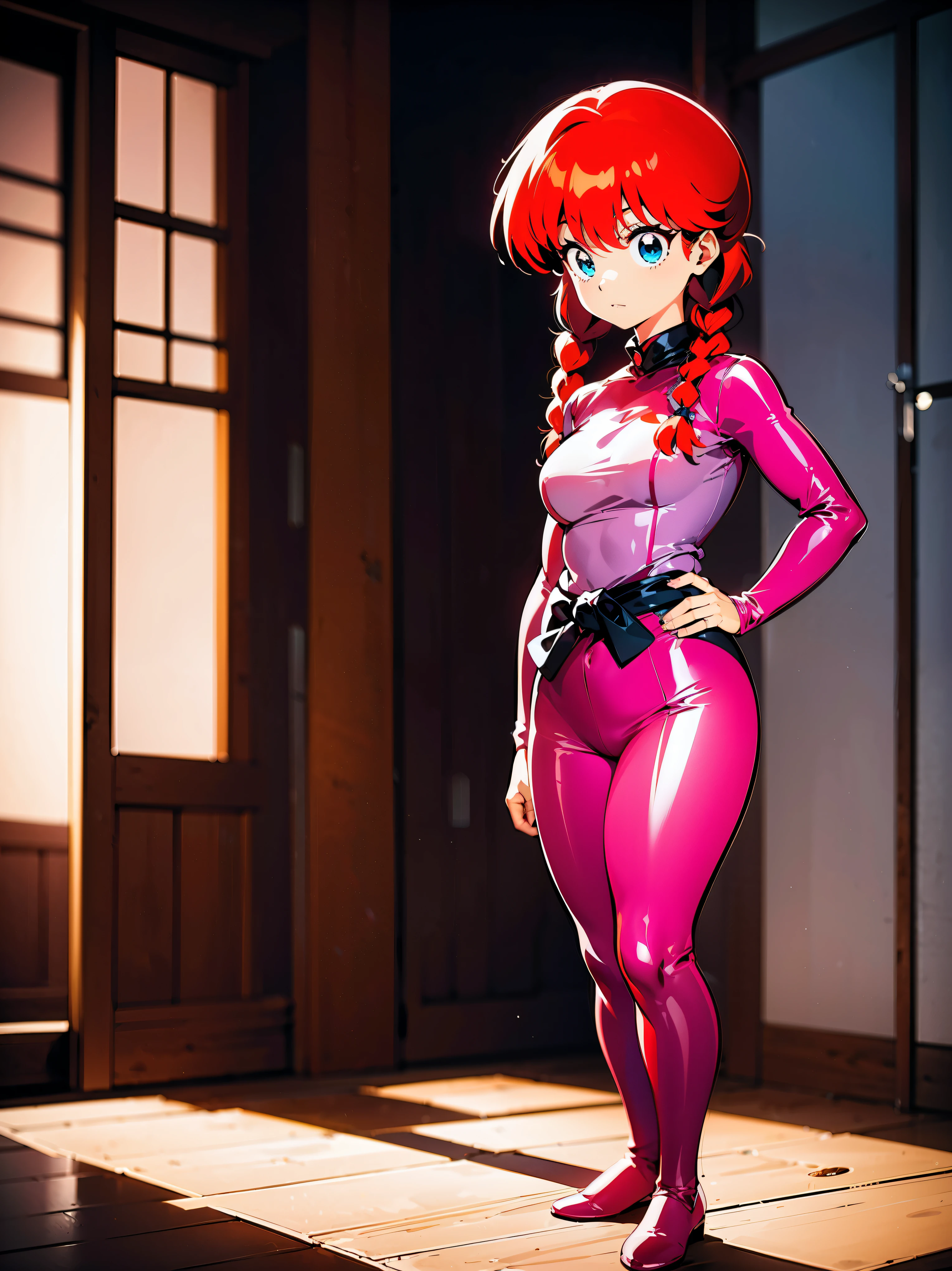 Redhead anime girl wearing pink latex top and black leather pants, , corpo bonito, seios grandes, kneeling on the floor with hands on waist, hands on hip, agachada, red hair with braid, beautiful lighting, susve sombras, olhos azuis, pernas bonitas, hair with braid, estilo anime, Ranma Chan, Autora Rumiko Takahashi, Baseado em obra de Rumiko Takahashi, Anime Ranma 1/2, seios grandes, decote sexy, quadril robusto, corpo inteiro, corpo inteiro, Seios lindos, garota jovem com corpo belo e bonito, sombreamento suave, roupa chinesa