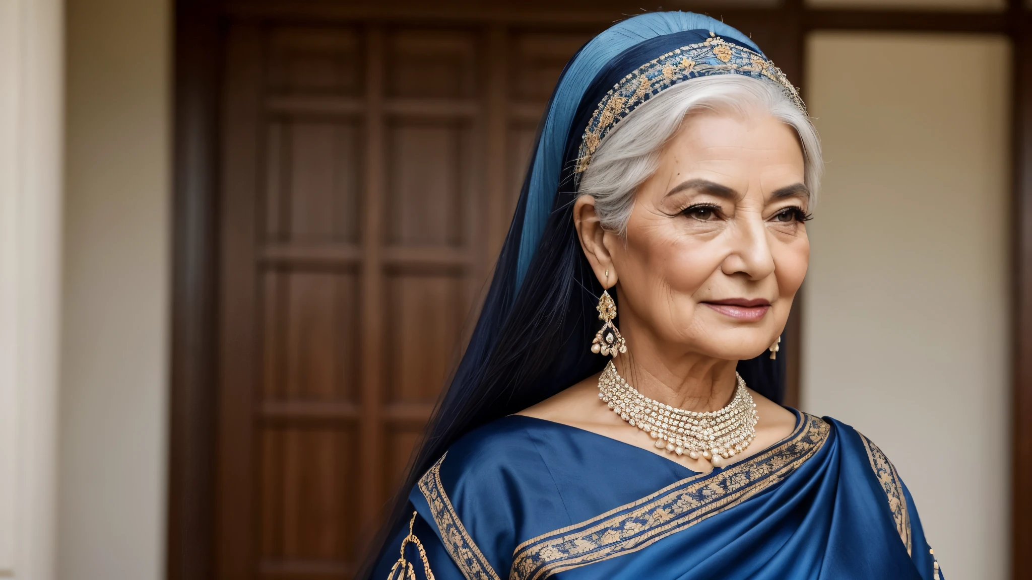 masterpiece, high-level image quality, depth of fields, beautiful mature women, 80 years old, with beautiful dark blue hairs, up of face, wearing beautiful cultural dress , close pic view, Fancy makeup, (gigantic, big breasts ;1.7), beautiful face, perfect body