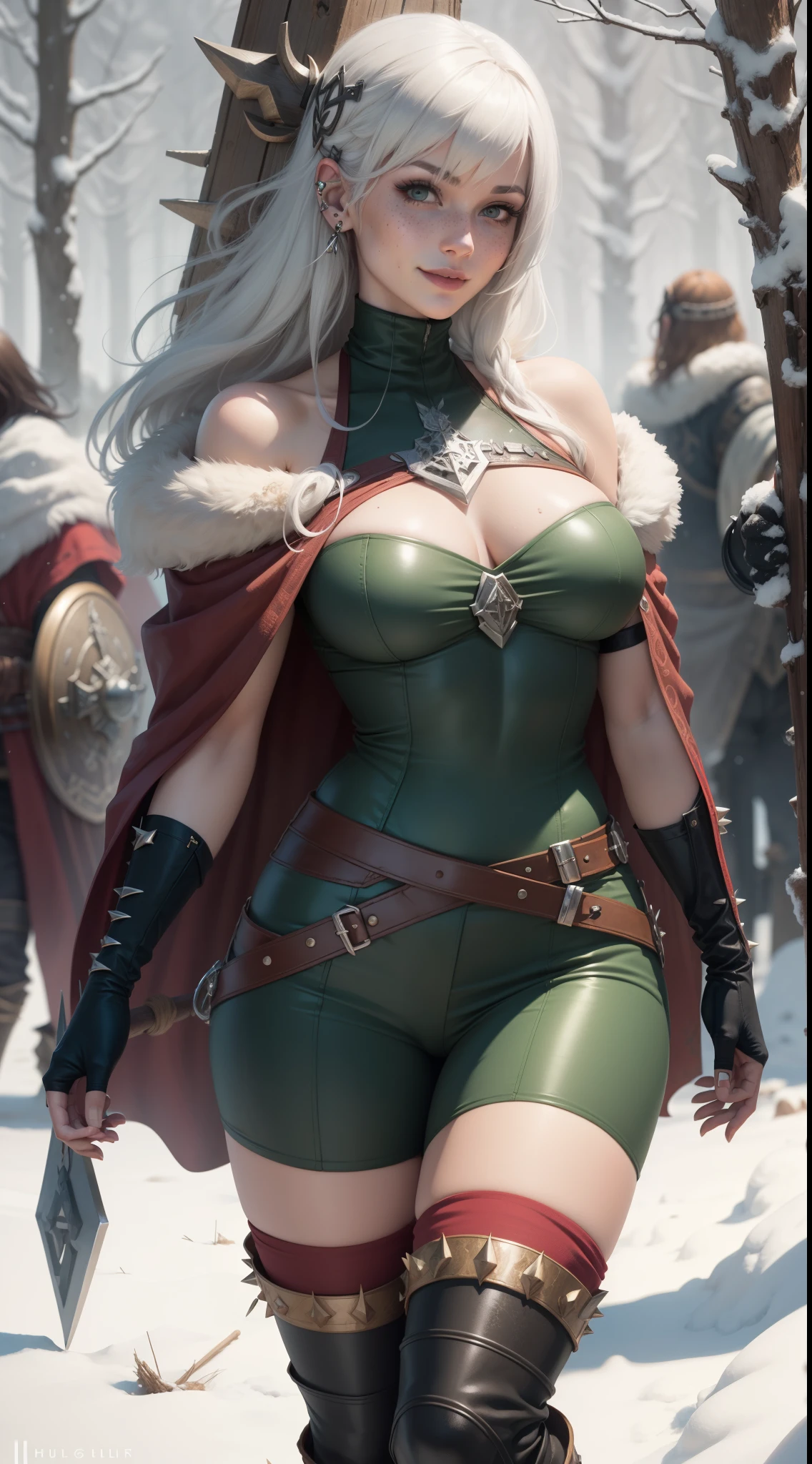 gwen tennyson,yorha 2b,mordred,samus aran,warcraft,atelier ryza,close up,winter forest,viking village,rune tattoos,fur and royal green plugsuit,winter viking linen shirt,royal green viking cape,spiked armor,viking linen pants,short viking hair,viking war makeup,green eyes,multicolored silver hair, spiked gloves,sexy smile,freckles,beautiful girl,knee high spiked boots,large breasts,8k,ultra detailed,realistic,fantasy art,fur viking armor,hair pin,ear piercings,(weather:windy),1girl,long viking battle axe,stone neck and belt jewelry,
