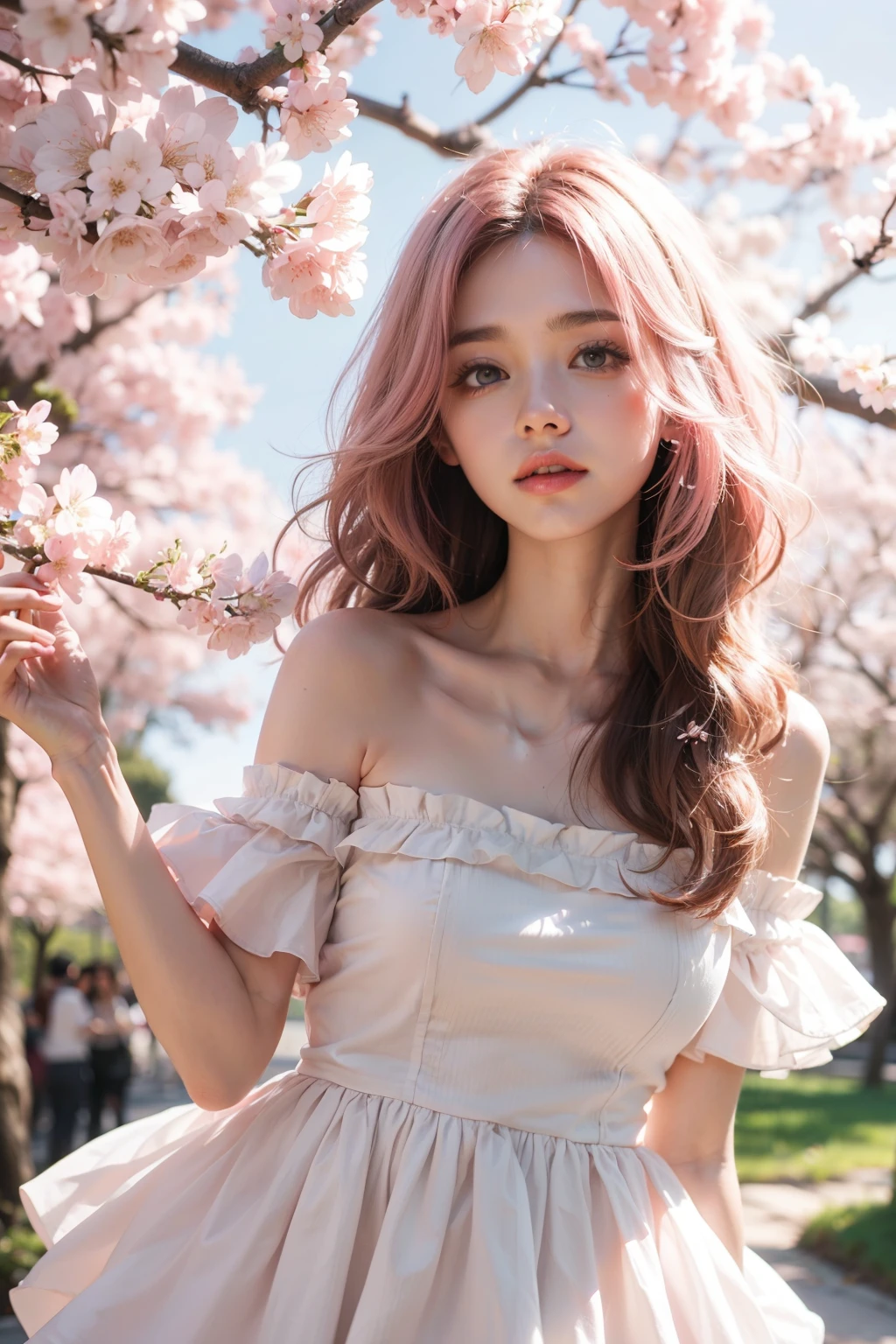 light pink hair, pink eyes, pink and white, cherry blossom leaves, Bright colors, white dress, paint splashes, simple background, ray tracing, wavy hair，Paint it like a cherry blossom