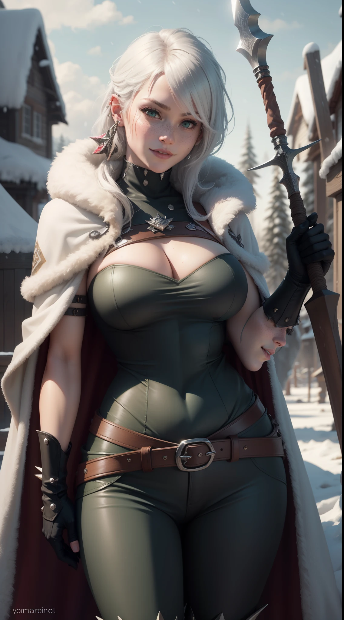 gwen tennyson,yorha 2b,tracer,y'shtola rhul, lord of the rings,warcraft,close up,winter forest,viking village,rune tattoos,fur and royal green plugsuit,winter viking linen shirt,royal green viking cape,spiked viking armor,viking linen pants,short viking hair,viking makeup,green eyes,multicolored silver hair, spiked gloves,sexy smile,freckles,beautiful girl,knee high spiked boots,large breasts,8k,ultra detailed,realistic,fantasy art,viking armor,hair pin,ear piercings,(weather:winter),1girl,long viking battle axe,viking flags,