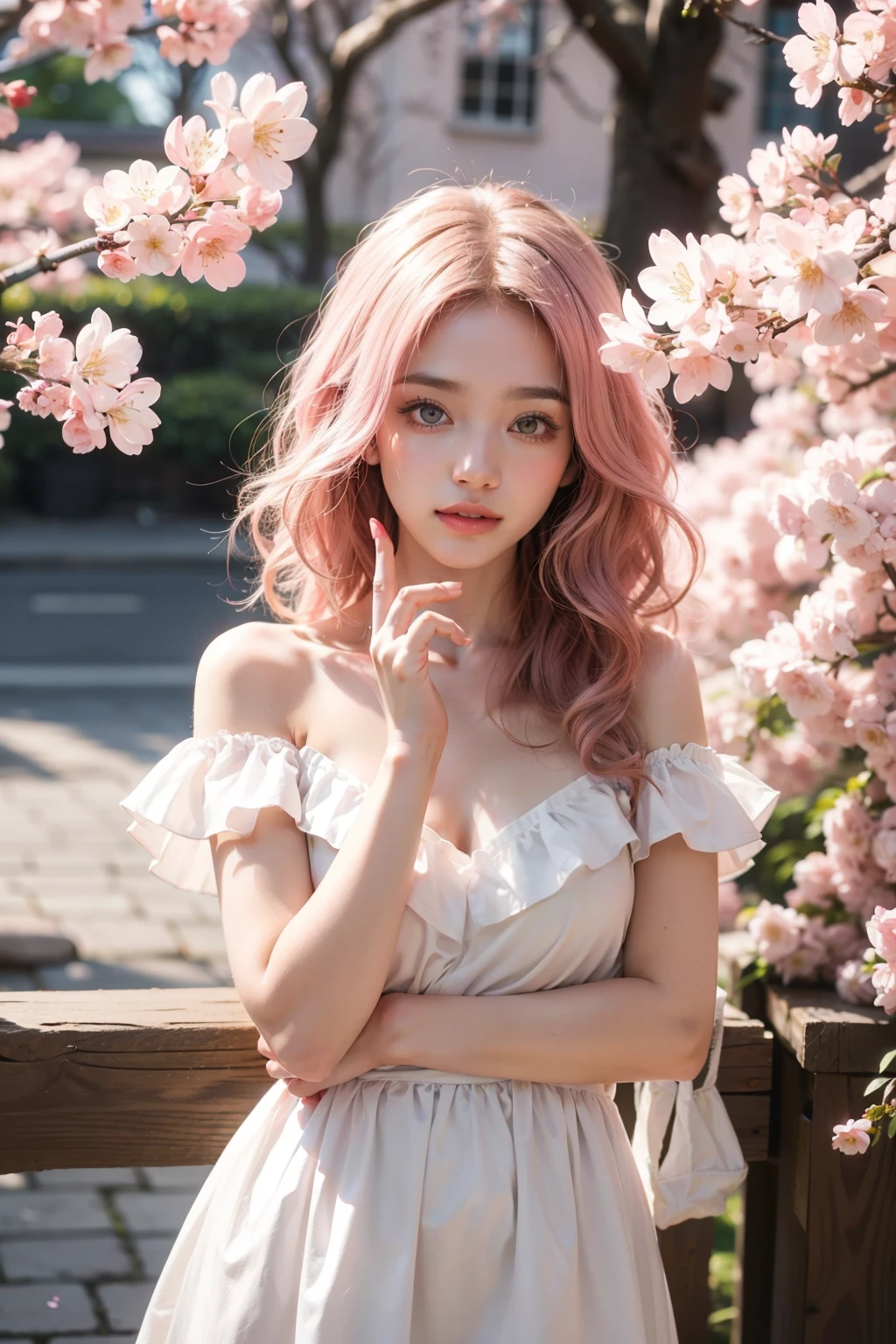 light pink hair, pink eyes, pink and white, cherry blossom leaves, Bright colors, white dress, paint splashes, simple background, ray tracing, wavy hair,Paint it like a cherry blossom