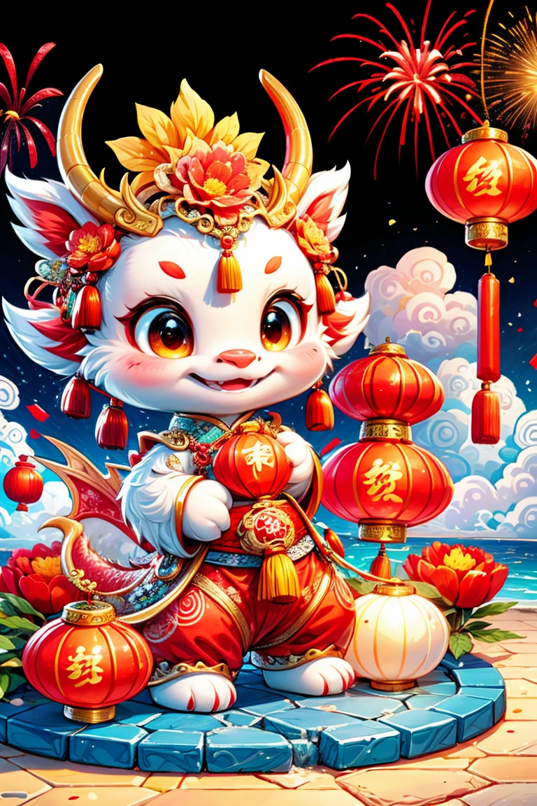 1 Chinese dragon，[(Chinese palace background:1.5)::5]，medium shot，Chinese style，Spring Festival，lantern，fireworks，firecracker，Floral fragrance，stone fragment，Beautiful and delicate water，moiré floor，Cute Chinese Dragon