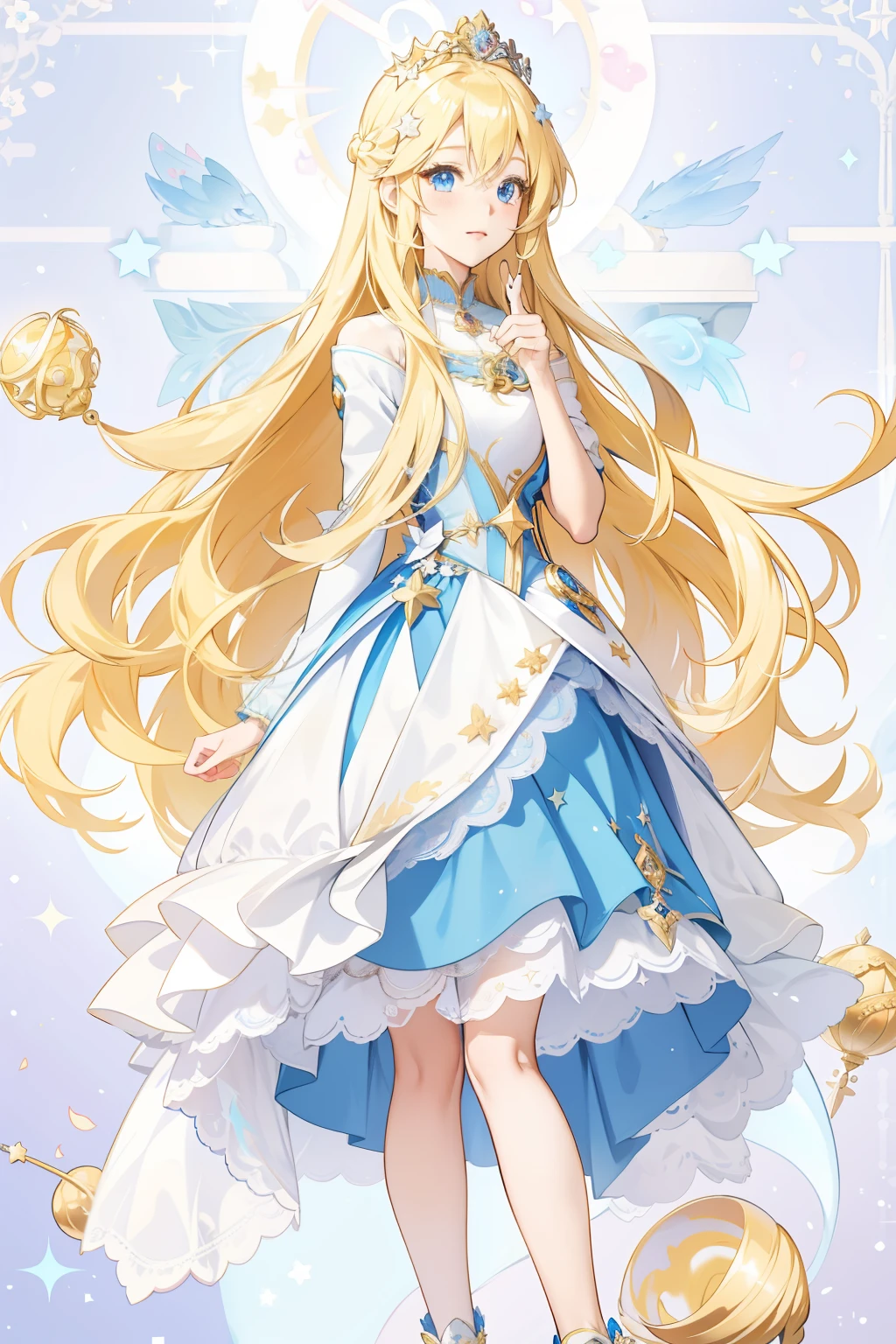 Wearing a blue dress、Anime girl with stars in her hands, blonde anime long hair girl, anime goddess, Cute anime waifu wearing beautiful clothes, blonde princess, anime long hair girl, Beautiful anime character design, ((beautiful fantasy queen)), full portrait of elementalist, goddess of light, Beautiful celestial mage, my dress up darling anime
