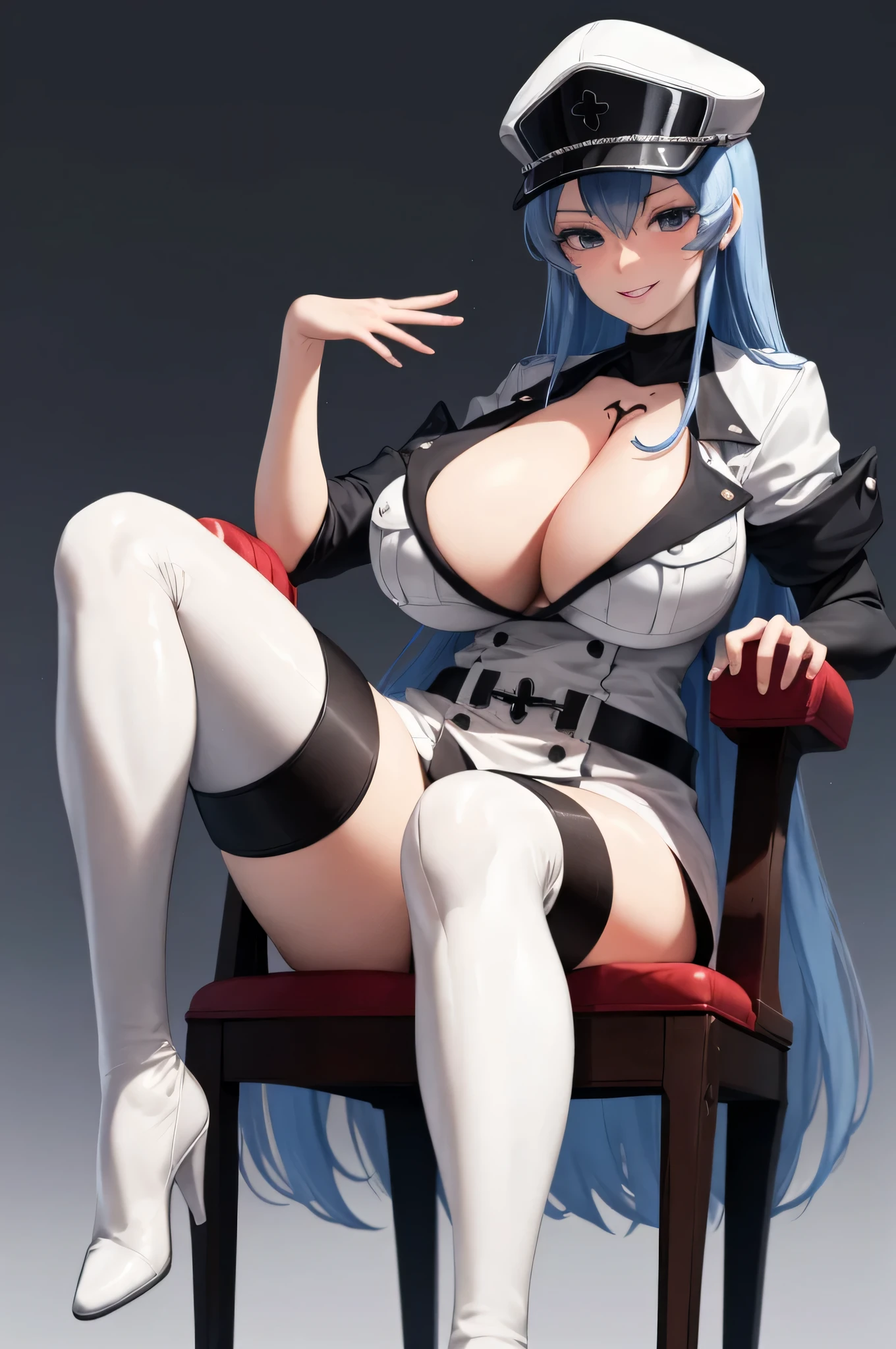 (highly detailed:1.3), esdeath, smile, huge breasts, sitting, white thighhighs, military uniform, thigh boots, chair, white footwear, peaked cap, around her big legs, Ultra-detail,(highres:1.1),best quality,(masterpiece:1.3), cinematic lighting
