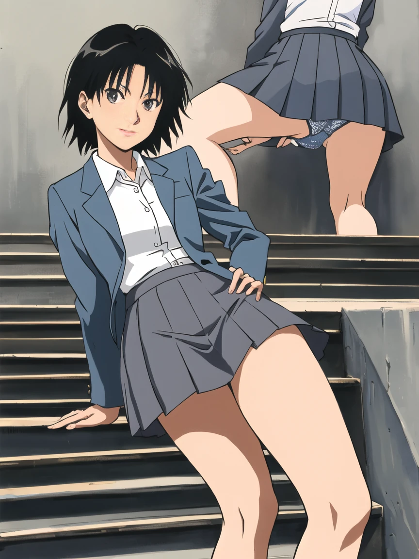 highest quality, ultra high resolution, (realistic: )2D official style cel animation,(multiple views)Amagami Tsukasa Ayatsuji, girls,Gray mini skirt,Light blue lace panties,full body portrait,from below,Stair climbing,
