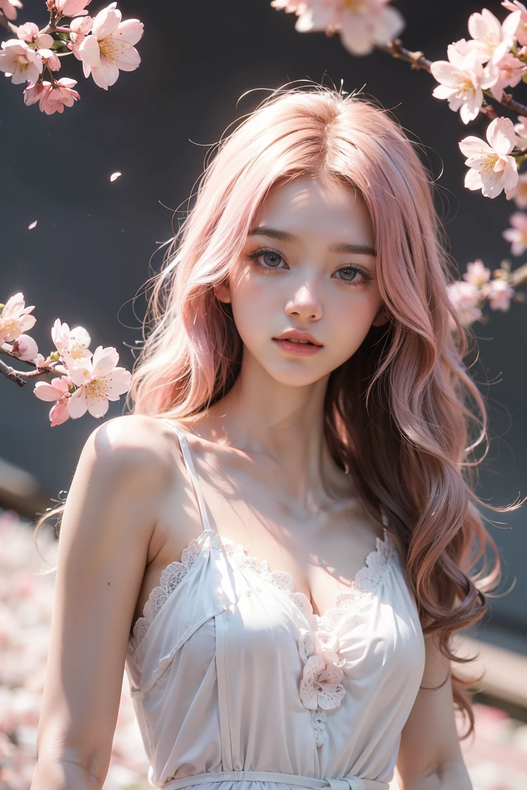 light pink hair, pink eyes, pink and white, cherry blossom leaves, Bright colors, white dress, paint splashes, simple background, ray tracing, wavy hair,Paint it like a cherry blossom