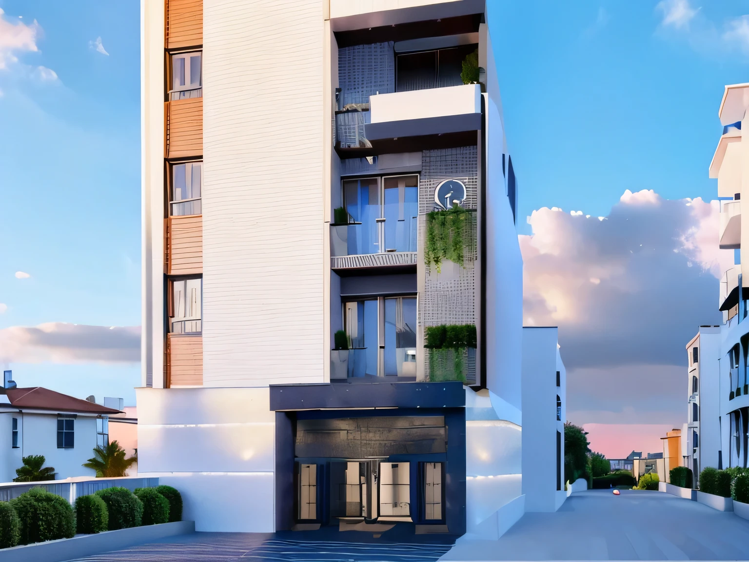 rendering of a tall building with a balcony and a balcony, modern lush condo as shopfront, mid-view, front elevation view, frontview, front-view, complete house, elevation view, 3 d model, 3d model, architectural concept, building facing, realistic building, 2 d render, in style of simplified realism, a road in fronf of, sky, cloud