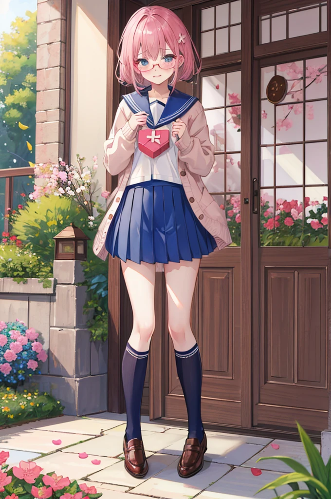 (masterpiece),(best quality), yuki, Yuki, winter uniform, cardigan, glasses, blue skirt, kneehighs, serafuku, , blush, embarrassed, rendez-vous, chocolate package, valentine, garden, sakura, standing, petals, 