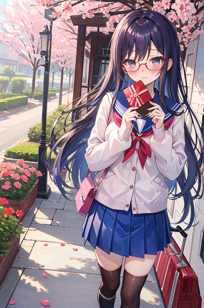 (masterpiece),(best quality), yuki, Yuki, winter uniform, cardigan, glasses, blue skirt, kneehighs, serafuku, , blush, embarrassed, rendez-vous, chocolate package, valentine, garden, sakura, standing, petals,