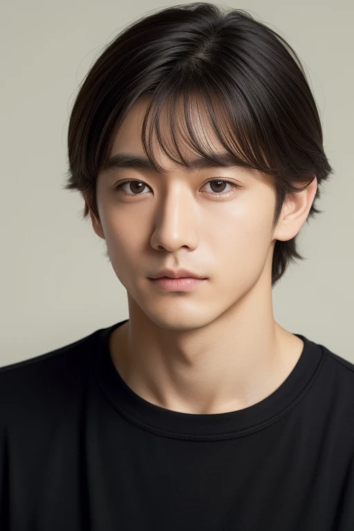 highest quality, masterpiece, Super high resolution, (realistic: 1.4), Original photo, wallpaper, head photo, skin, simple background, black eye, detailed, Self snap, 1 boy, 18-year-old, Handsome, breeze, Light of the sun, they want、room、素晴らしいHandsome男、cute、center part、perm、Johnny&#39;s type、A face like Ryo Yoshizawa、fresh、not too thick eyebrows、orthodox christianity、cold face、muscle tissue