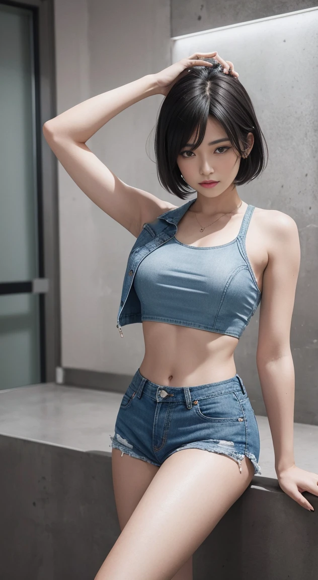 master piece，8K，Highly detailed perfect face，HDR，Ultra-realistic photography，absurd，award winning photos，very detailed，amazing，finely，
KazAsuka，A woman who says，blue crop top top，，Denim jacket and shorts，with short black hair，mixed combat gloves，posed for photo，Simply white background