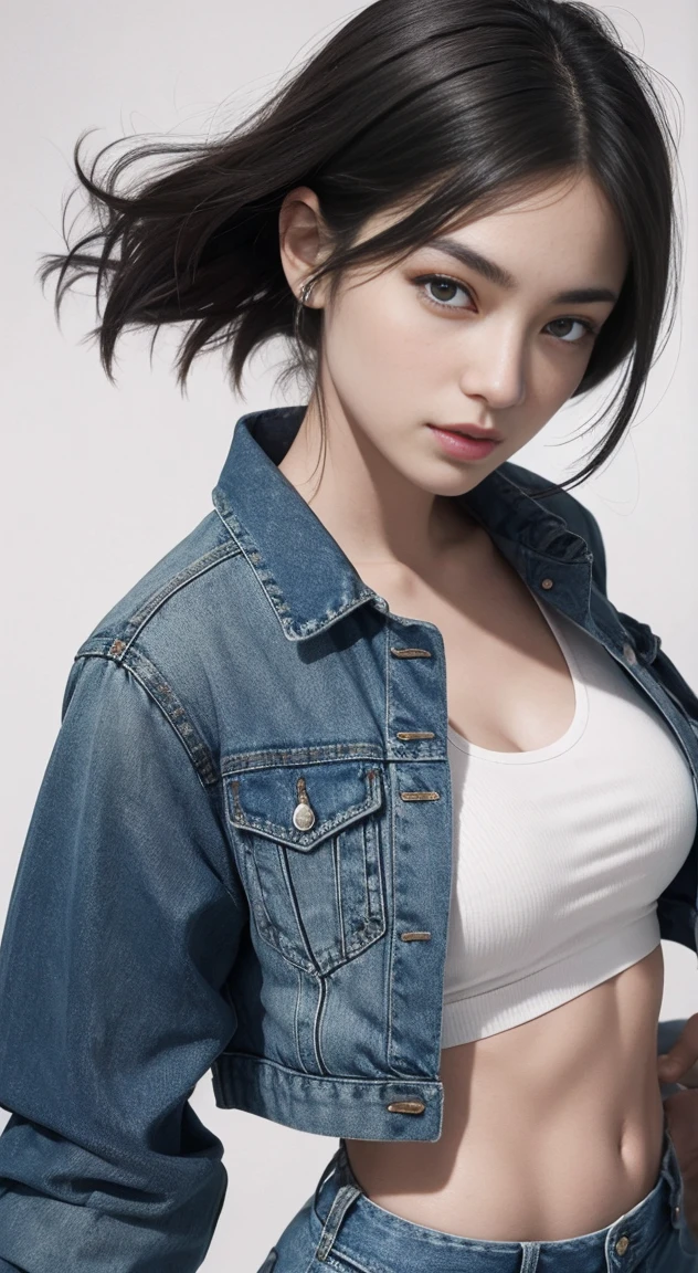 master piece，8K，Highly detailed perfect face，HDR，Ultra-realistic photography，absurd，award winning photos，very detailed，amazing，finely，
KazAsuka，A woman who says，blue crop top top，，Denim jacket and shorts，with short black hair，mixed combat gloves，posed for photo，Simply white background