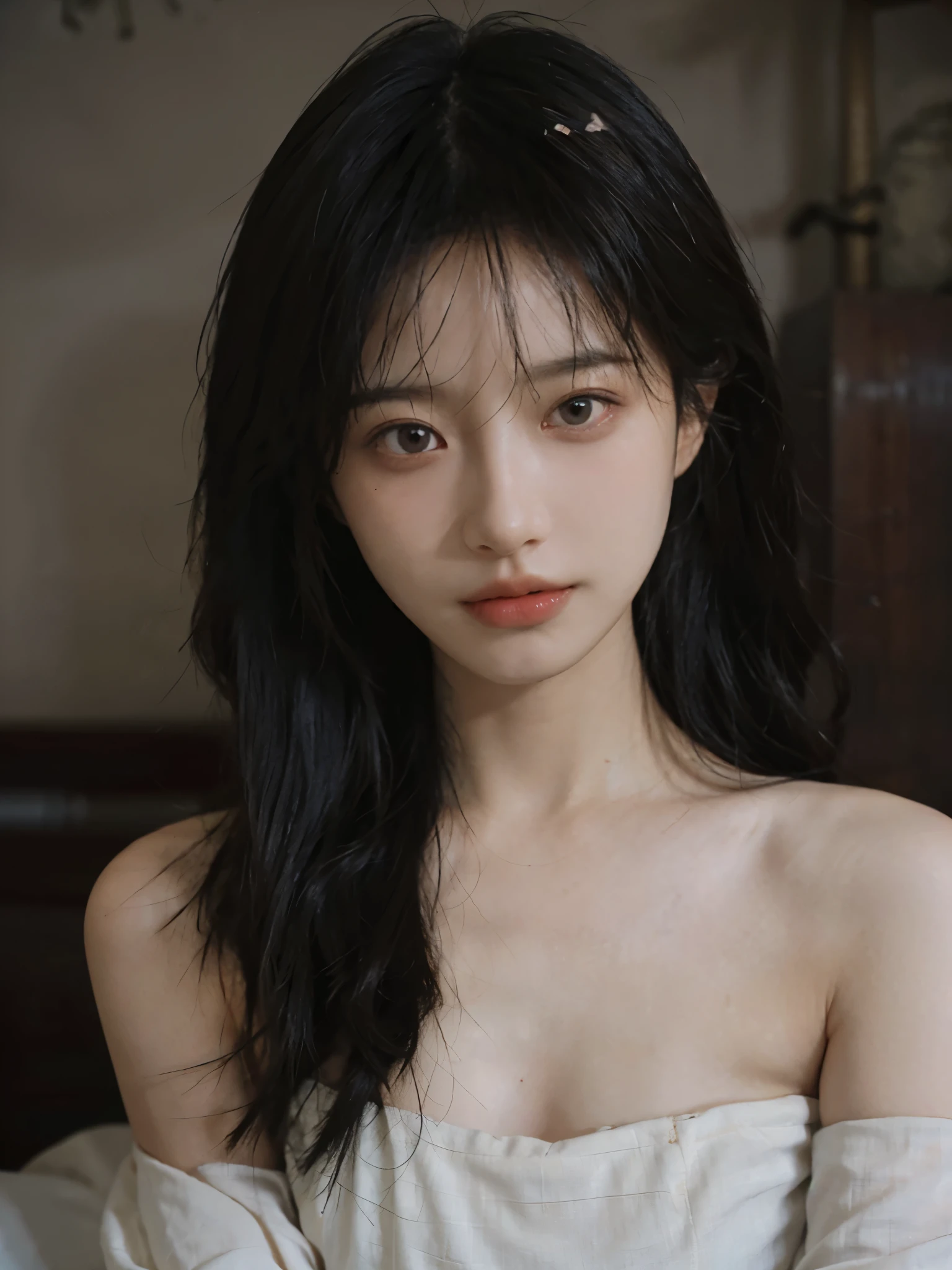 Film portrait photography, 1 girl, bare shoulders, Shoulder length wavy hair, serene, calm, (Realistic and detailed eyes, natural skin texture, Realistic facial details), Soft dramatic lighting, depth of field, Bokeh, Vibrant details, Detailed and detailed, surreal, 35mm film, hazy, ,