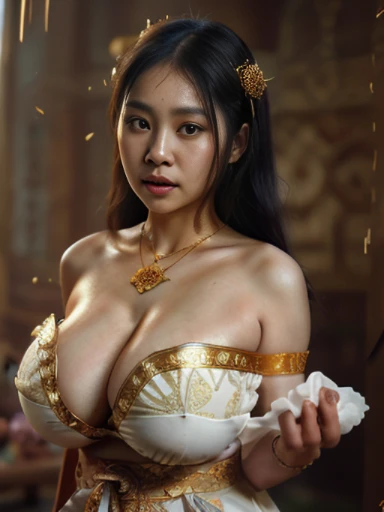 ,Thai woman, 28 years old ,bigboob ,big tits ,Big breasts, big breasts, white dress with traditional Thai pattern, strapless, revealing shoulders, fabric falling off.,Thai pattern gold jewelry,long black hair,Crown,red mouth,Beautiful face,Behind the scenes of an ancient Thai temple,cinematic tone