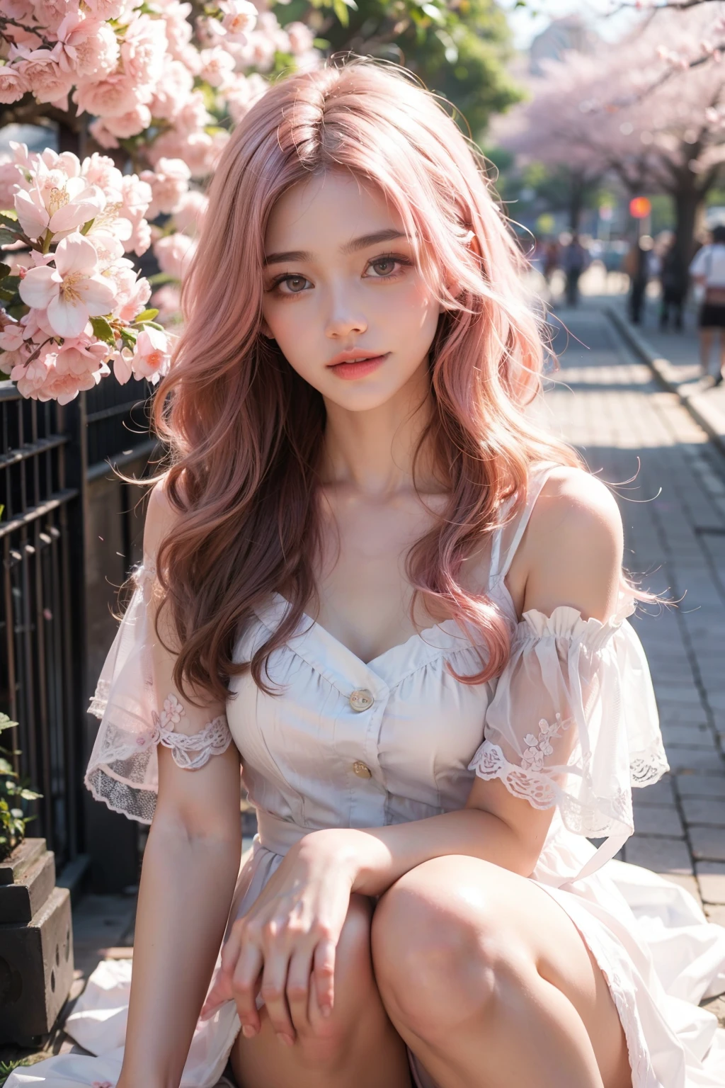 light pink hair, pink eyes, pink and white, cherry blossom leaves, Bright colors, white dress, paint splashes, simple background, ray tracing, wavy hair,Paint it like a cherry blossom,Cherry blossoms scattering