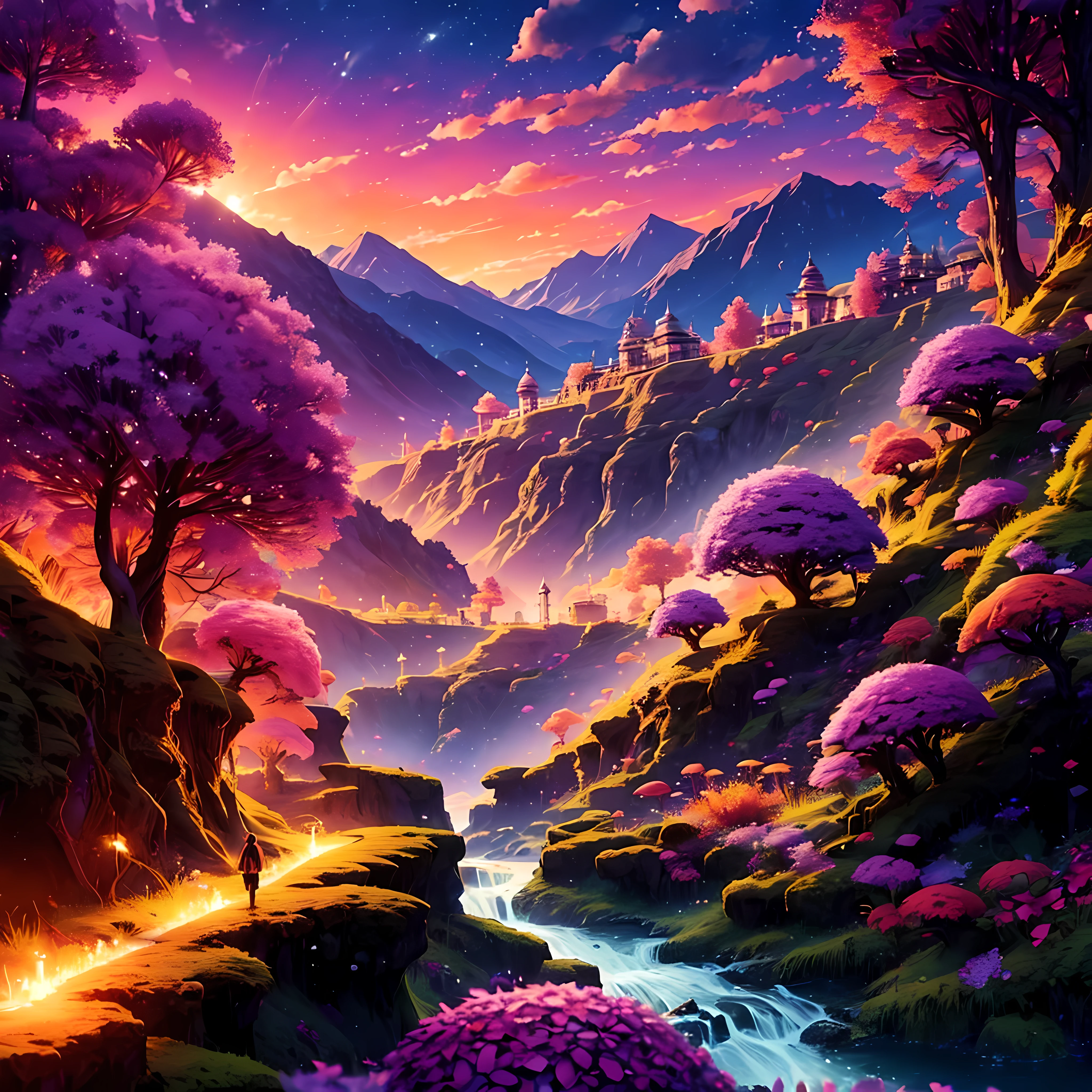 Prairie fantastique, arbre aux feuilles violettes, coucher de soleil, glowing light particles in leaves, river, animated, colored, village, Japon