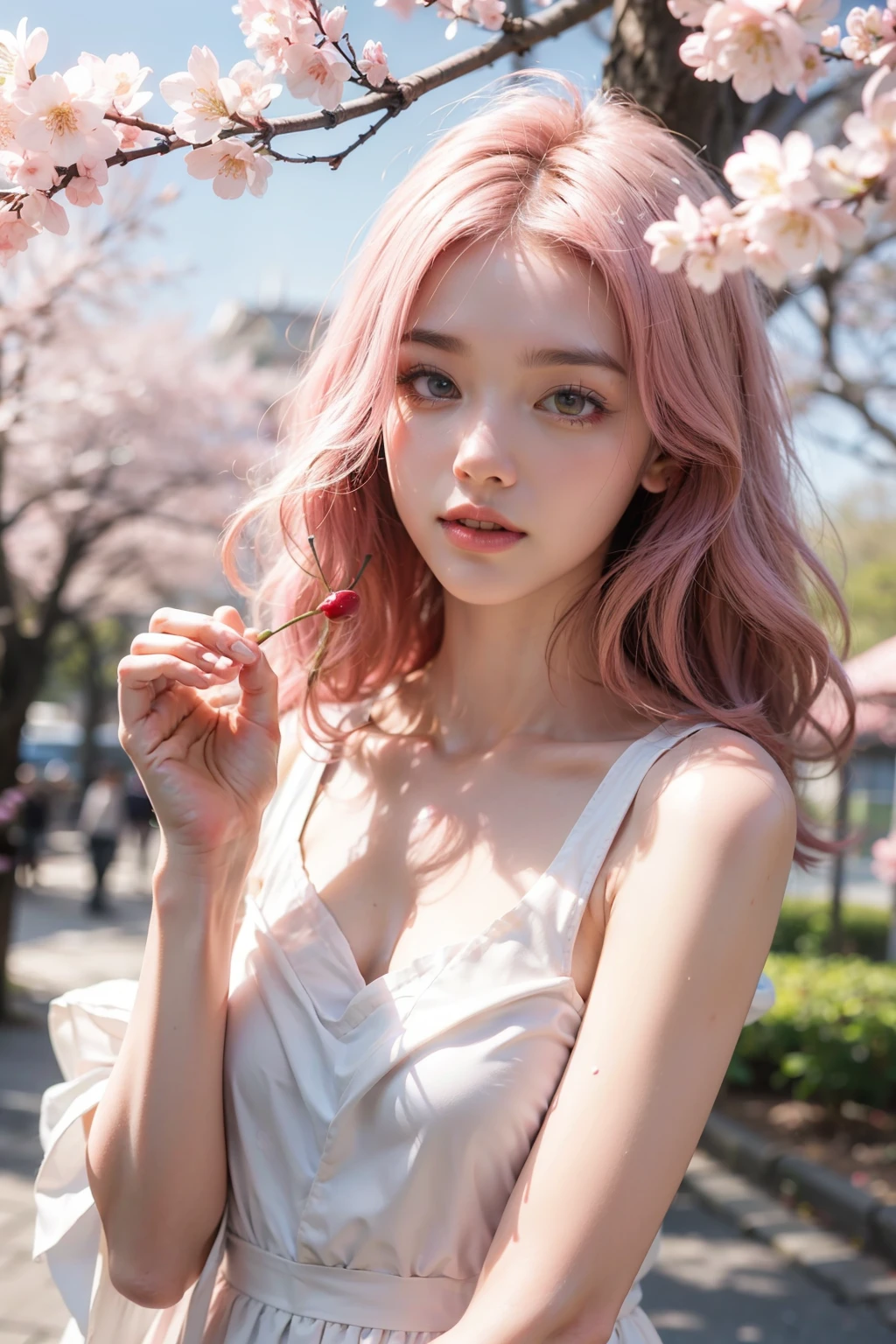 light pink hair, pink eyes, pink and white, cherry blossom leaves, Bright colors, white dress, paint splashes, simple background, ray tracing, wavy hair,Paint it like a cherry blossom,Cherry blossoms scattering