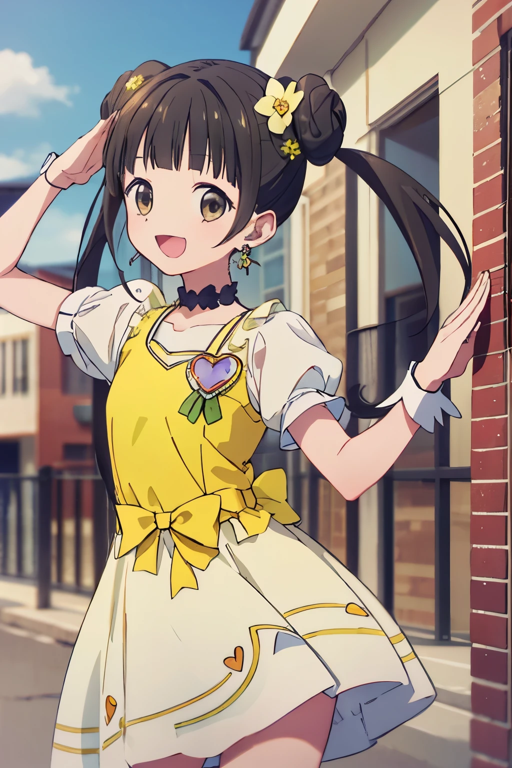 masterpiece, best quality, highres, ultra-detailed, AyumiTogeguchiR4, brown eyes, black hair, long hair, twintails, double bun, hair ornament, hair flower, earrings, green choker, small breast, magical girl, heart brooch, dress, (yellow dress:1.2), yellow shorts, puffy short sleeves, white dress, wrist cuffs, waist bow, skirt, boots, knee boots, outdoors, standing, :d, salute,