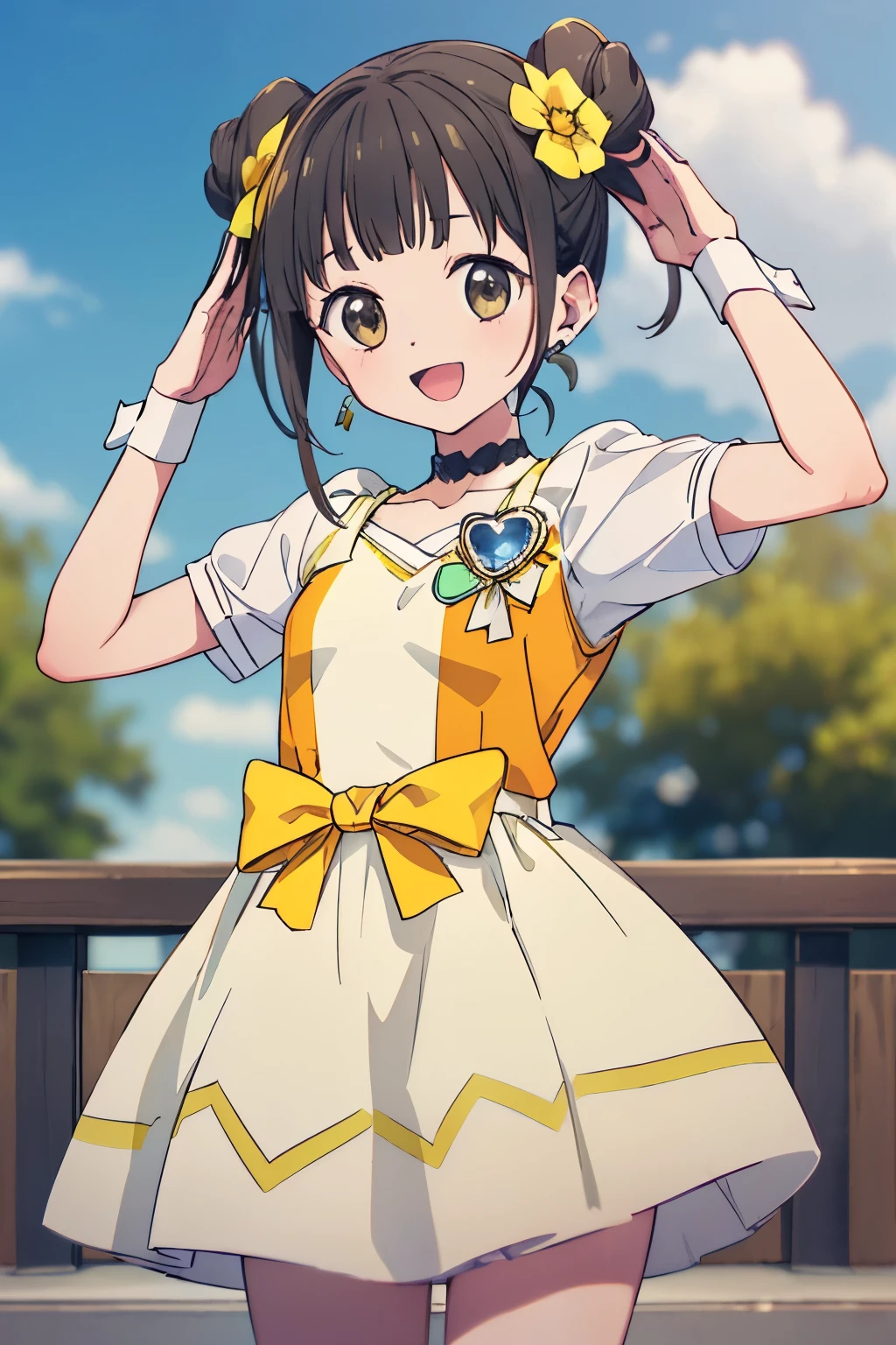 masterpiece, best quality, highres, ultra-detailed, AyumiTogeguchiR4, brown eyes, black hair, long hair, twintails, double bun, hair ornament, hair flower, earrings, green choker, small breast, magical girl, heart brooch, dress, (yellow dress:1.2), yellow shorts, puffy short sleeves, white dress, wrist cuffs, waist bow, skirt, boots, knee boots, outdoors, standing, :d, salute,