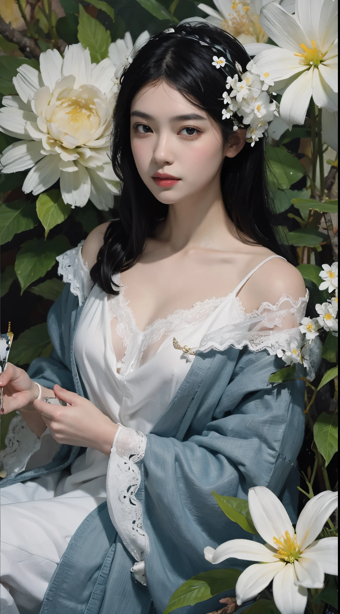 (painting:1.5), \\ One with black hair、Woman with white flowers in her hair lies in a field of white flowers, (Amy Saul:0.248), (Liu Stanley:0.106), (a detailed painting:0.353), (gothic art:0.106)