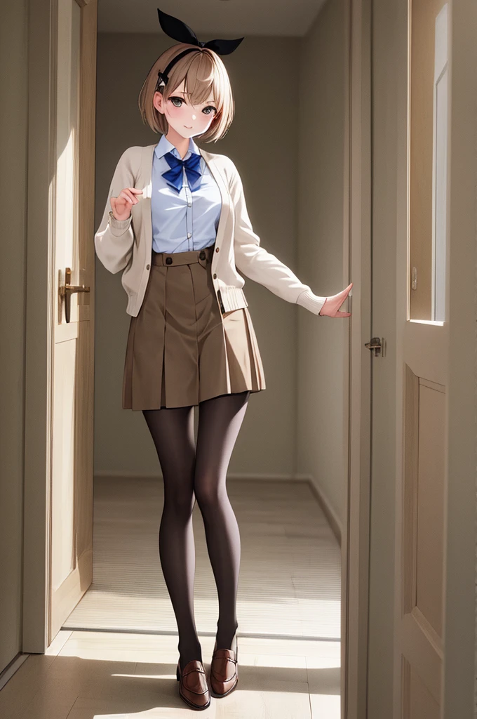 masterpiece, best quality, highres, aalatooni, short hair, pantyhose, hair bow, shirt, cardigan, high-waist skirt, standing